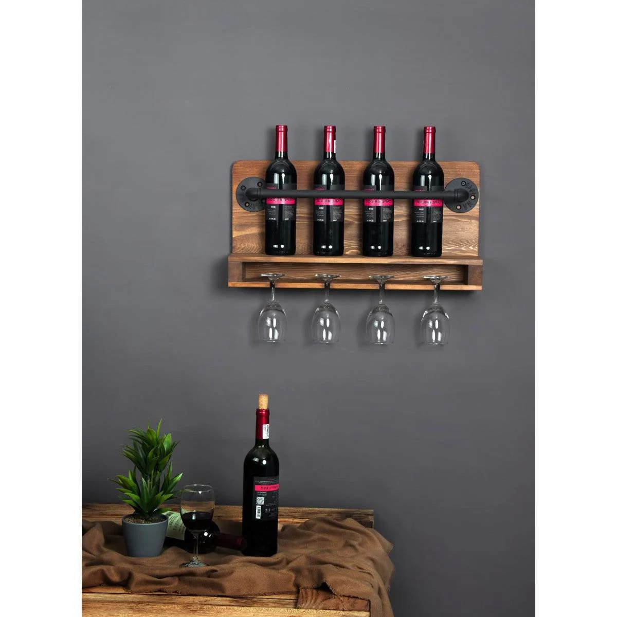 4 Bottle Rustic Farmhouse Wall Mounted Wine Rack with Glass Holder - Image 2