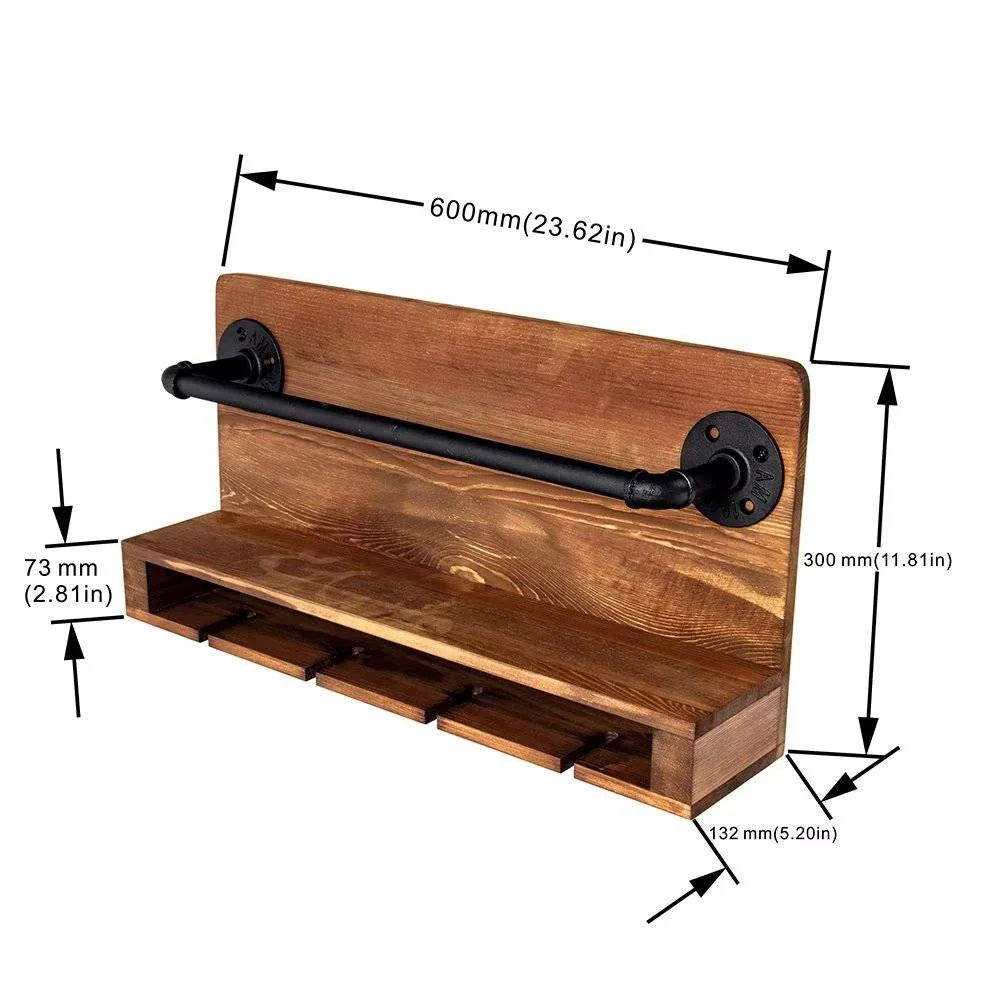 4 Bottle Rustic Farmhouse Wall Mounted Wine Rack with Glass Holder - Image 5