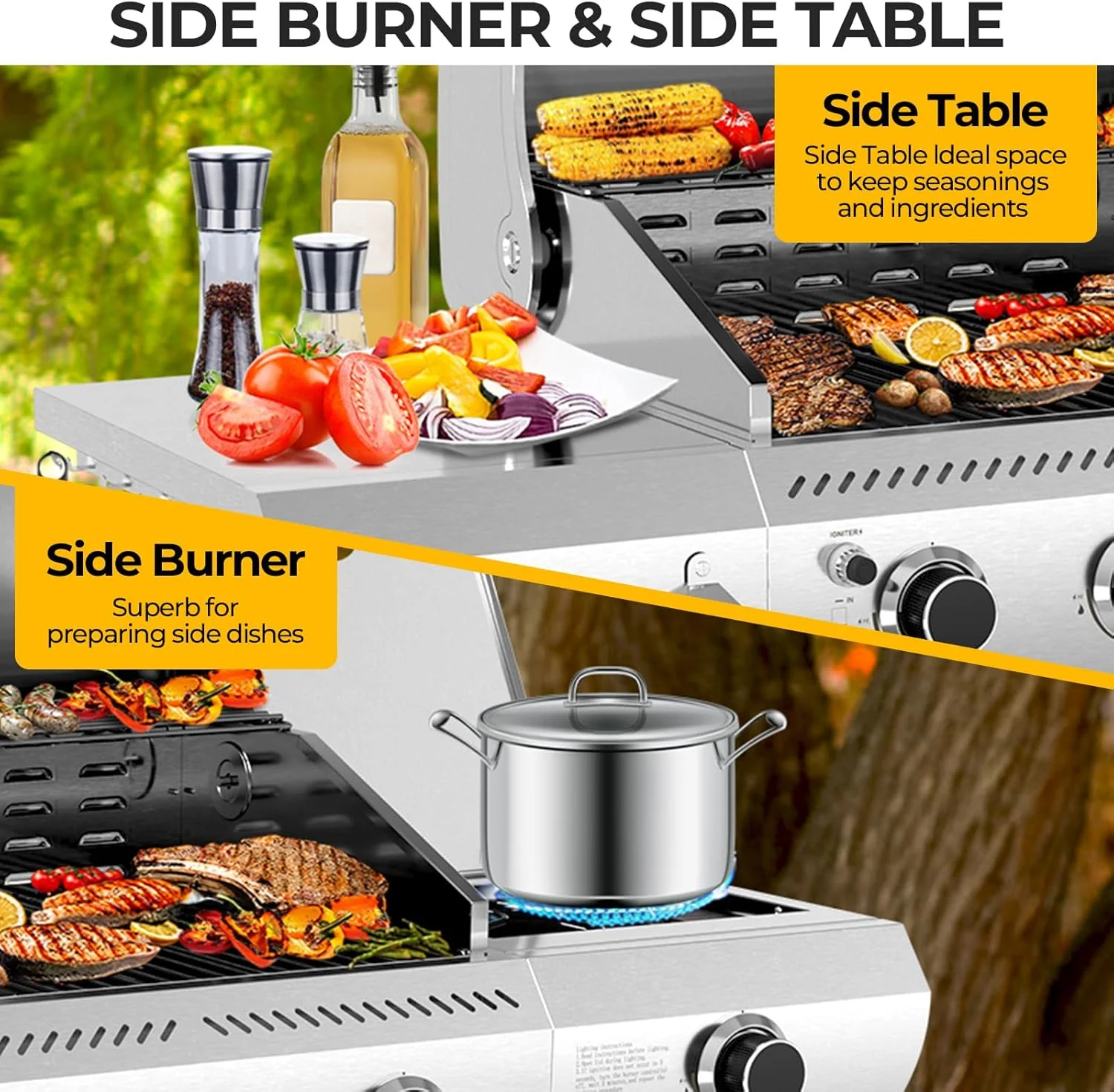4-Burner BBQ Propane Gas Grill, 42,000 BTU Stainless Steel Barbecue Propane Grill with Side Burner G0141B - Image 10
