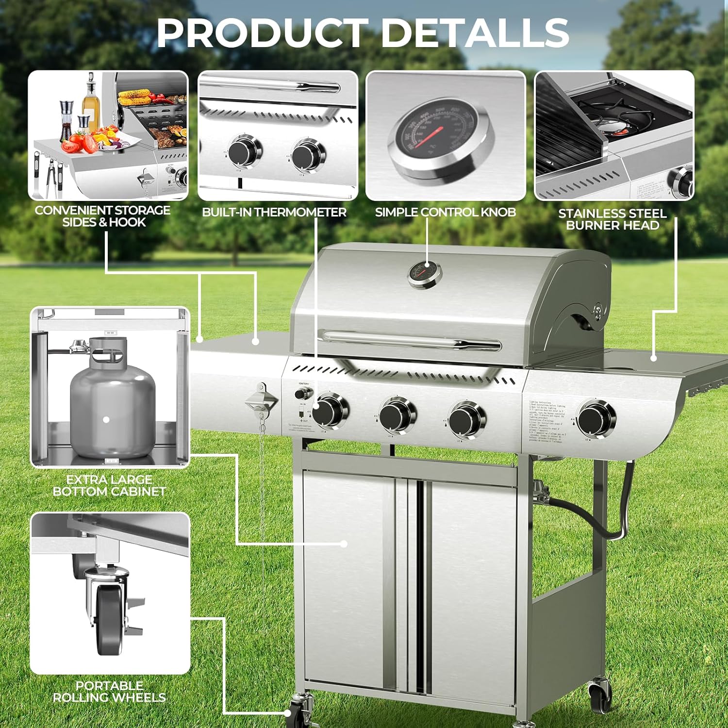 4-Burner BBQ Propane Gas Grill, 42,000 BTU Stainless Steel Barbecue Propane Grill with Side Burner G0141B - Image 12