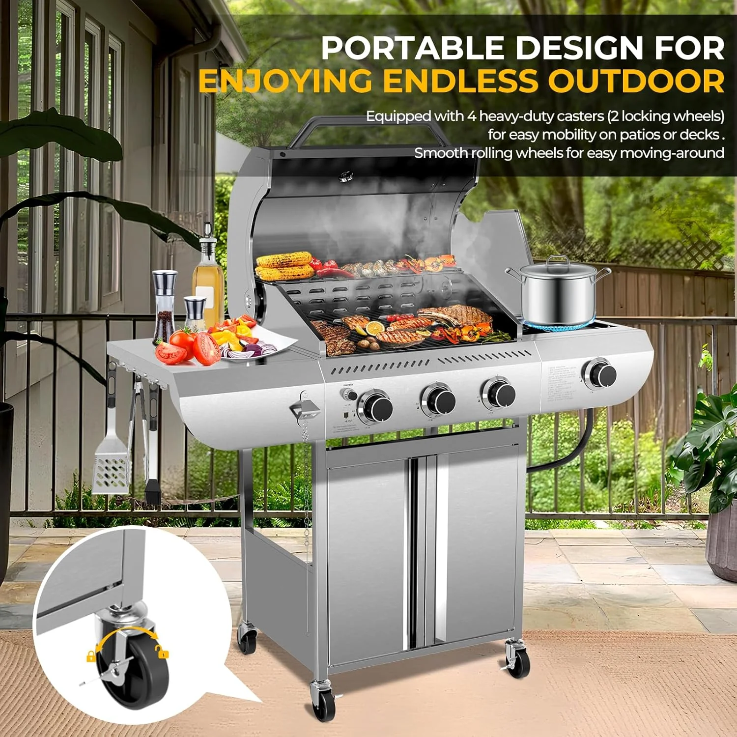 4-Burner BBQ Propane Gas Grill, 42,000 BTU Stainless Steel Barbecue Propane Grill with Side Burner G0141B - Image 14