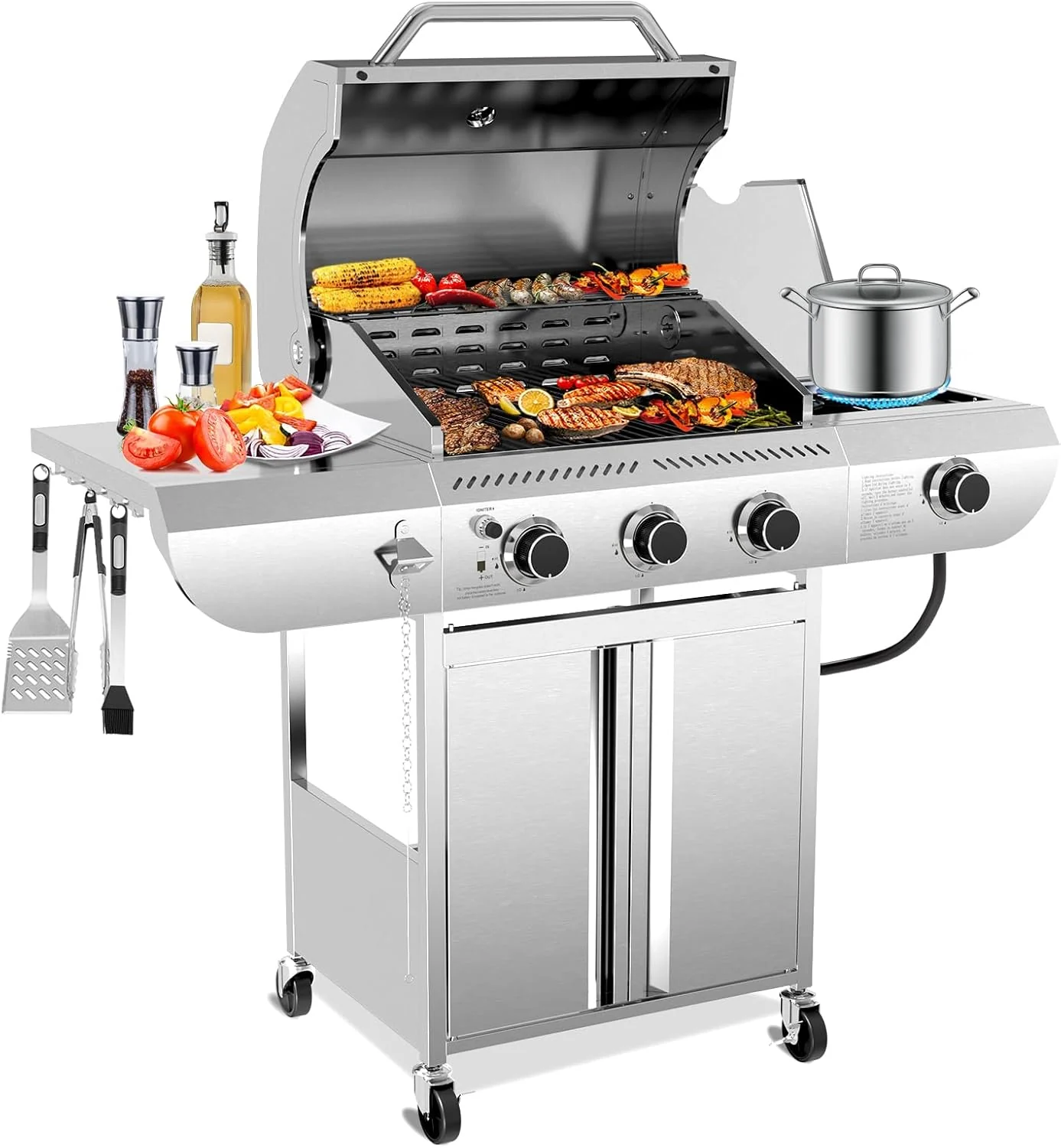 4-Burner BBQ Propane Gas Grill, 42,000 BTU Stainless Steel Barbecue Propane Grill with Side Burner G0141B - Image 8