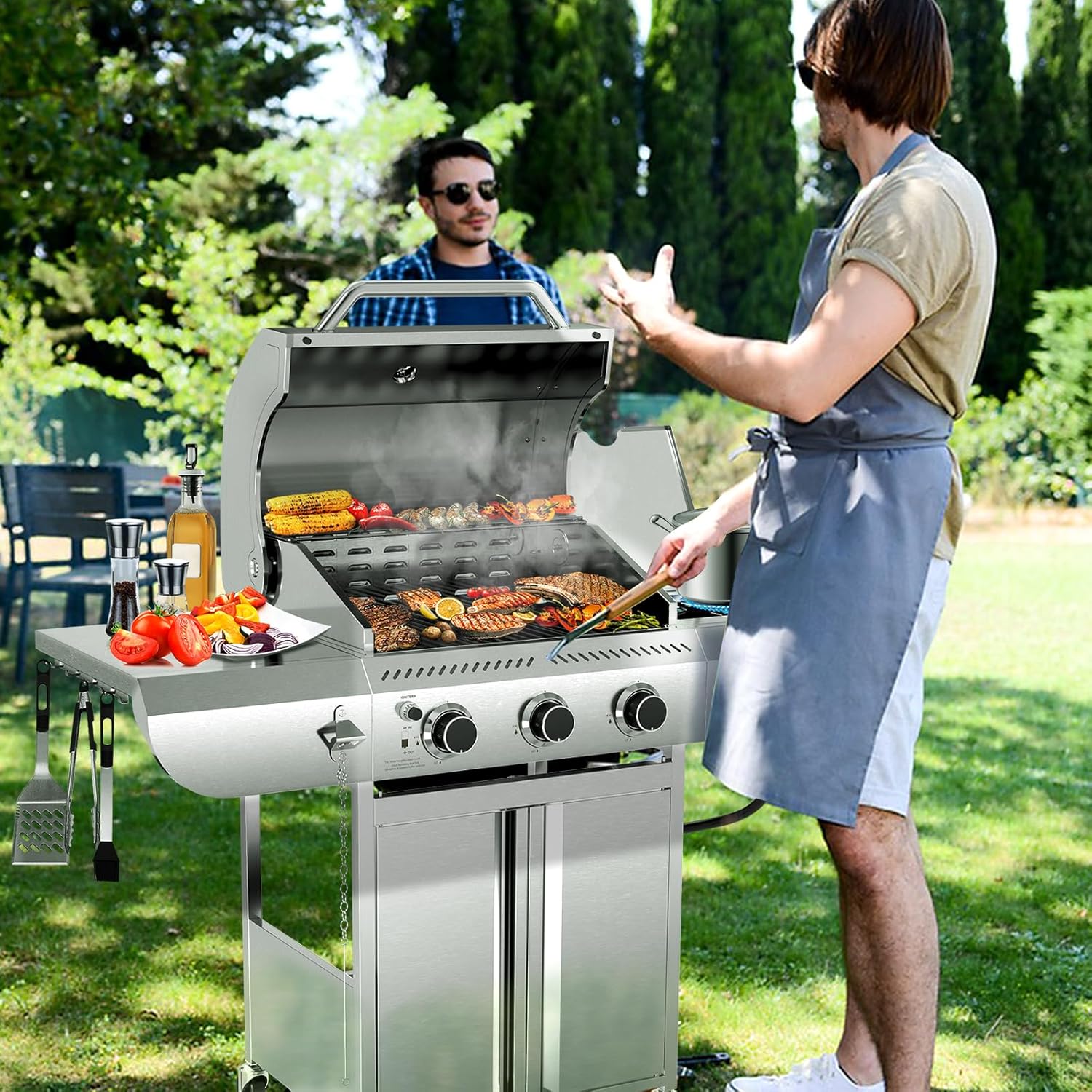 4-Burner BBQ Propane Gas Grill, 42,000 BTU Stainless Steel Barbecue Propane Grill with Side Burner G0141B - Image 9