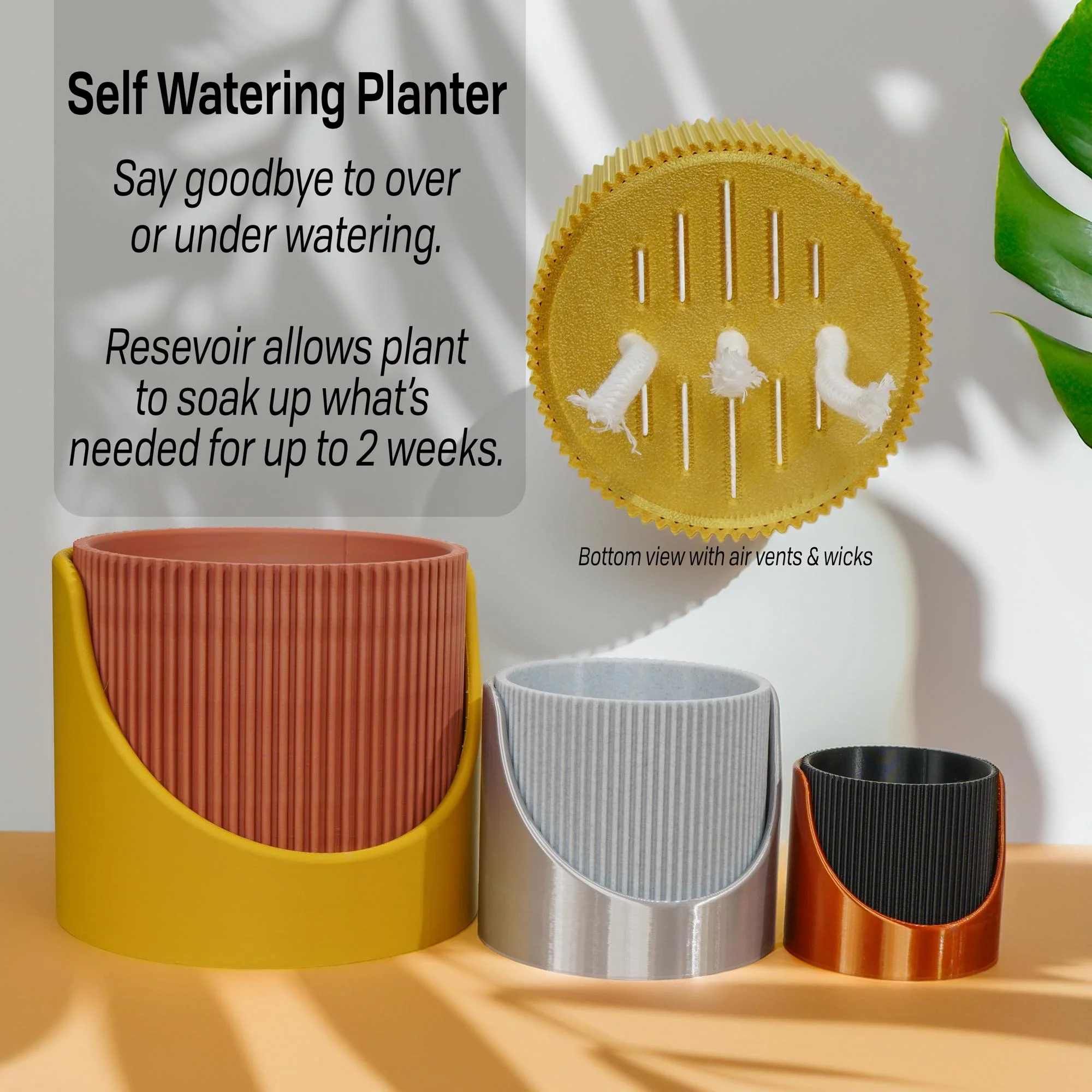 4 Inch Self Watering Planter, Large Indoor Outdoor Plant Pot with Drainage, Terracotta, Green, Beige, Modern Ribbed Design - Image 3