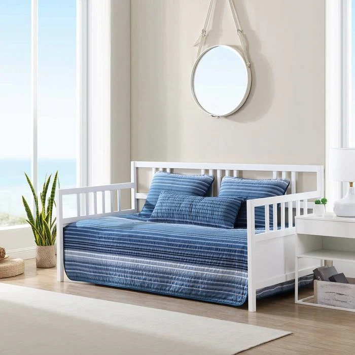 4 Piece Coastal Blue Navy White Stripes Cotton Daybed Cover Bedding Set - Image 2