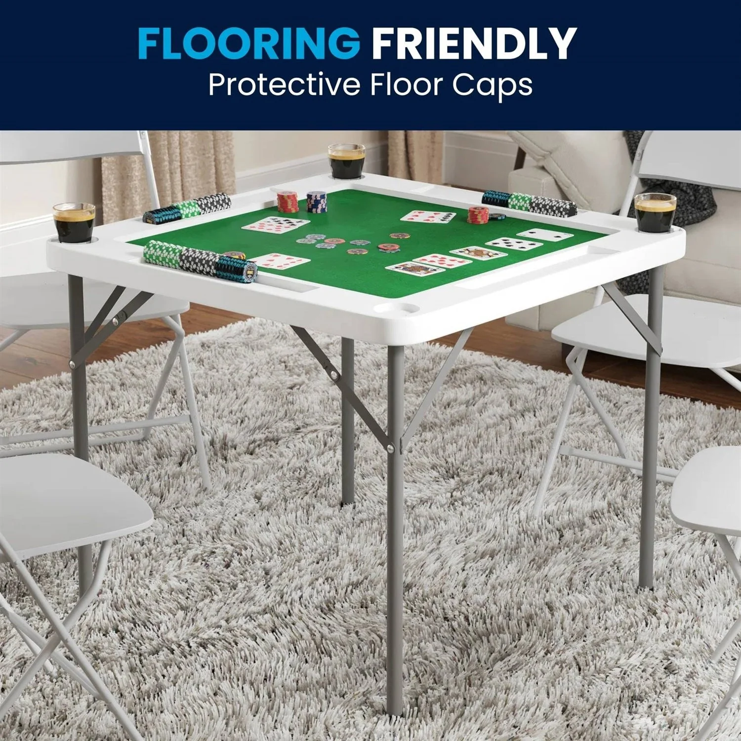 4-Player Square Folding Card Game Poker Table w/ Green Felt Top and Cup Holders - Image 2