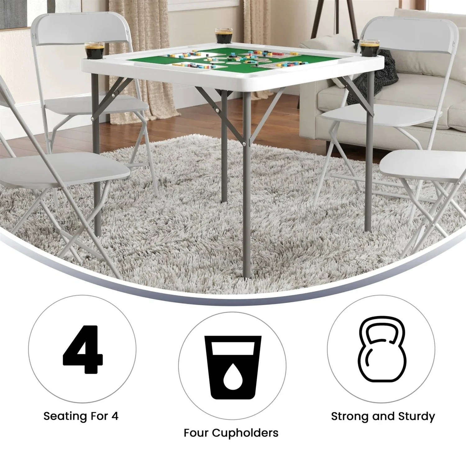 4-Player Square Folding Card Game Poker Table w/ Green Felt Top and Cup Holders - Image 3