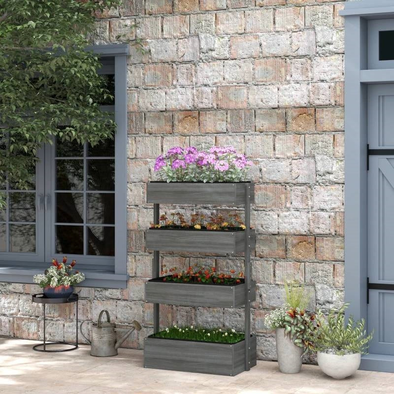 4 Tier Vertical Wooden Planter Box Raised Bed Grey - Image 2