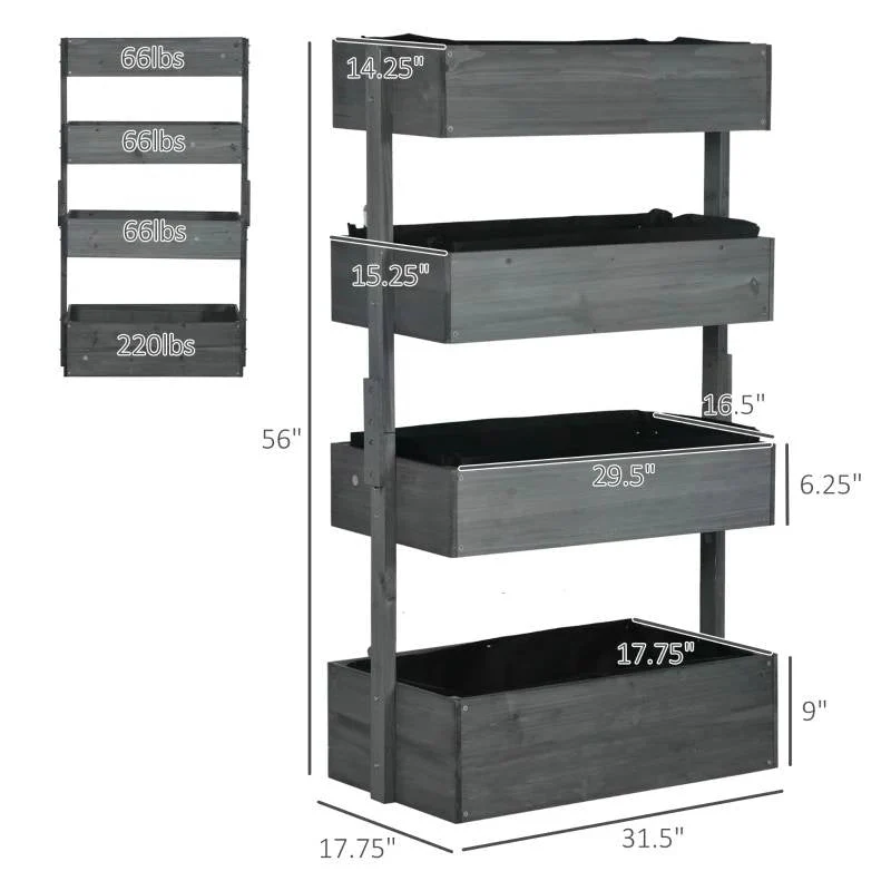 4 Tier Vertical Wooden Planter Box Raised Bed Grey - Image 5