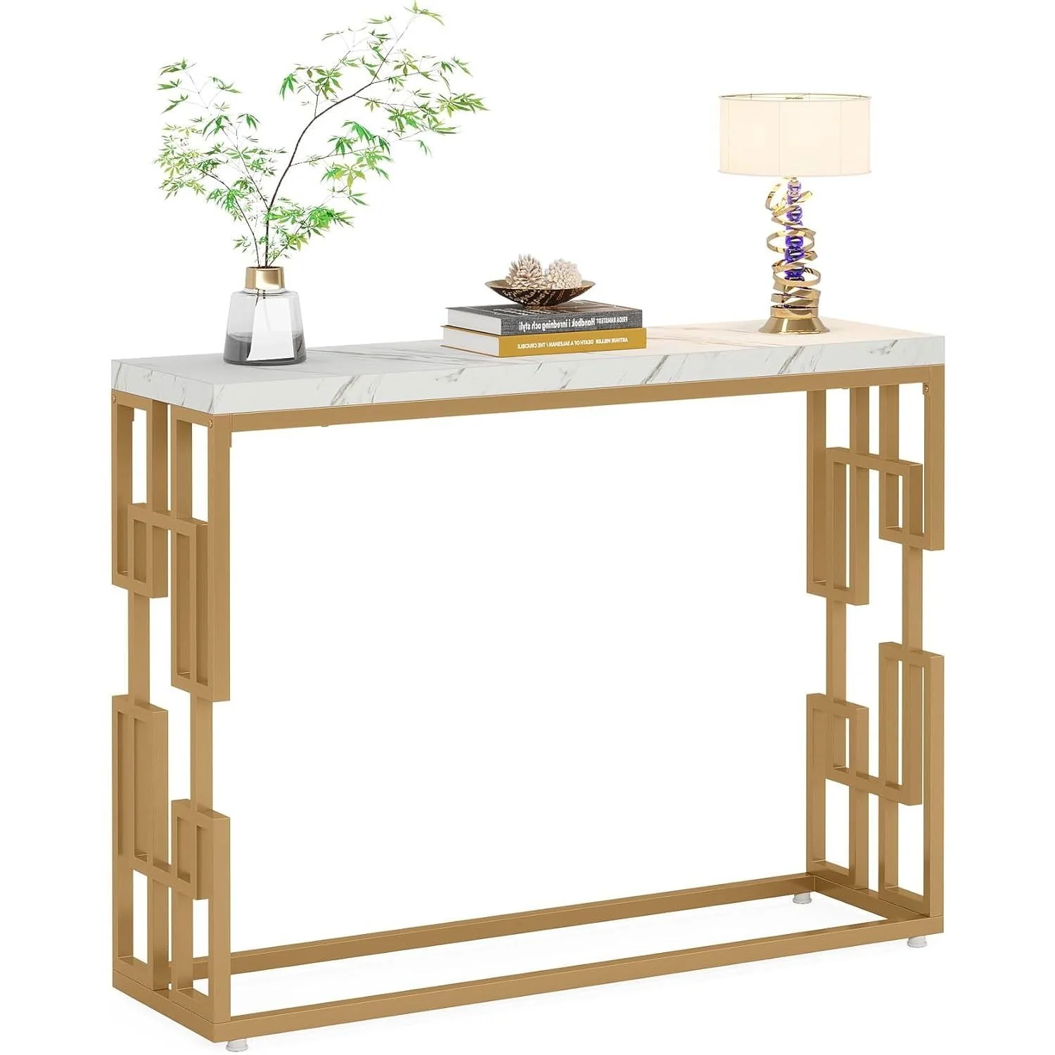42-inch Modern Console Sofa Table with White Faux Marble Top and Gold Frame - Image 2