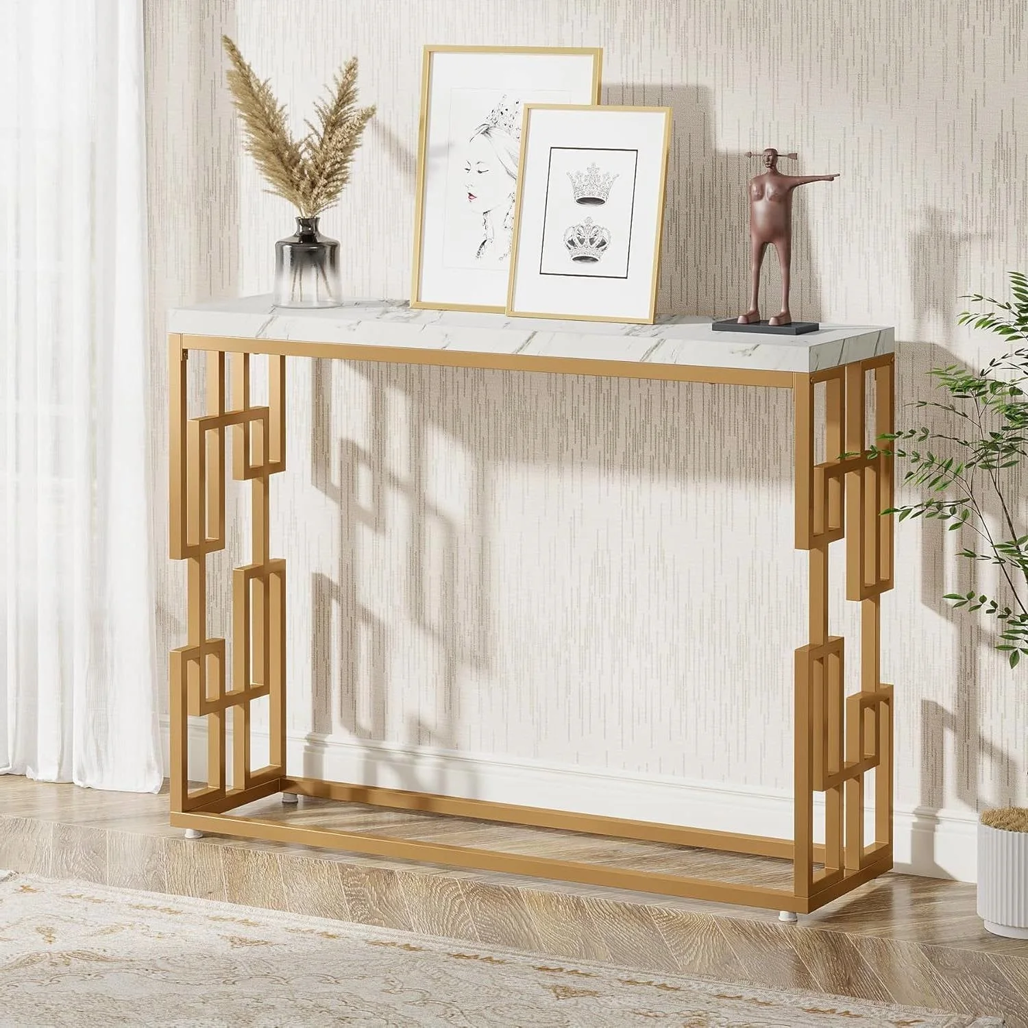 42-inch Modern Console Sofa Table with White Faux Marble Top and Gold Frame - Image 3