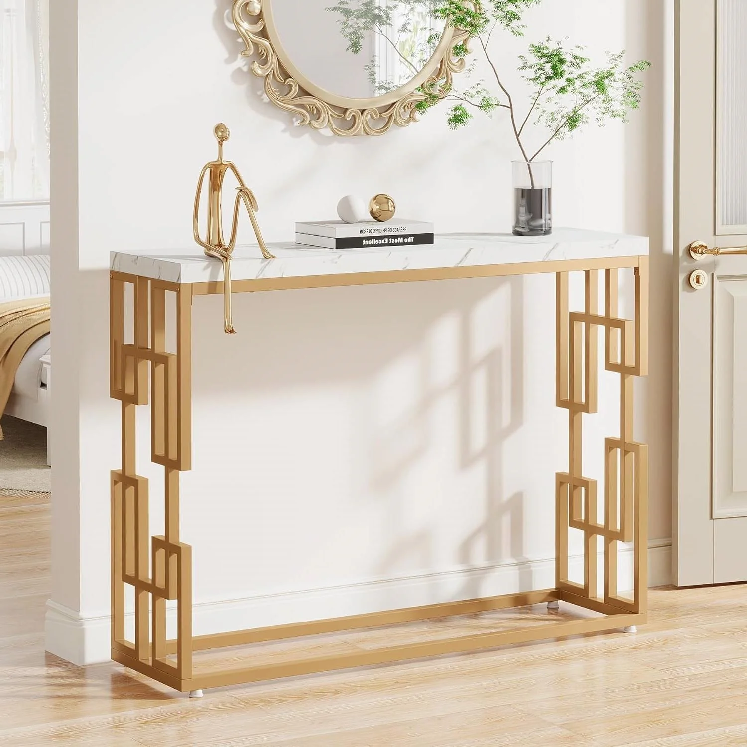 42-inch Modern Console Sofa Table with White Faux Marble Top and Gold Frame - Image 4