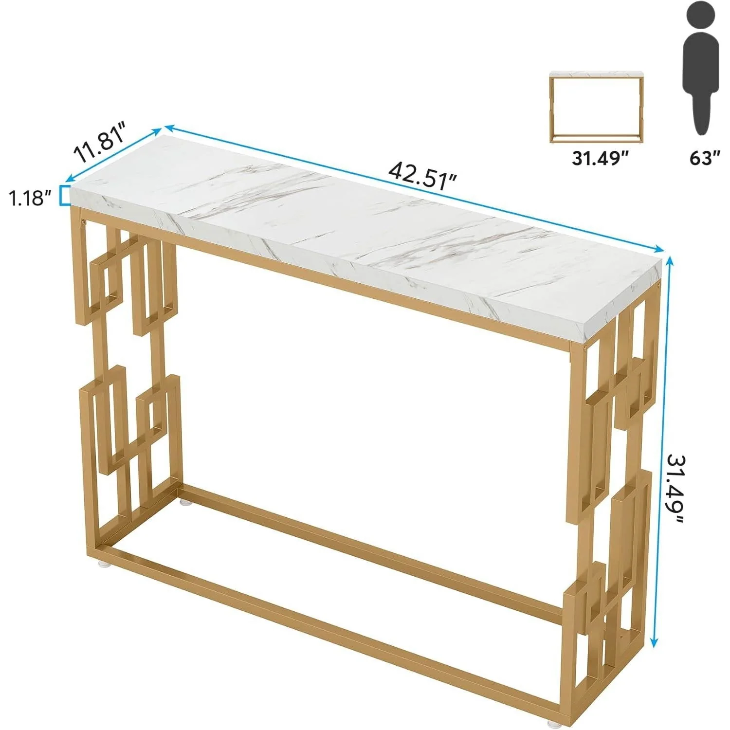 42-inch Modern Console Sofa Table with White Faux Marble Top and Gold Frame - Image 5