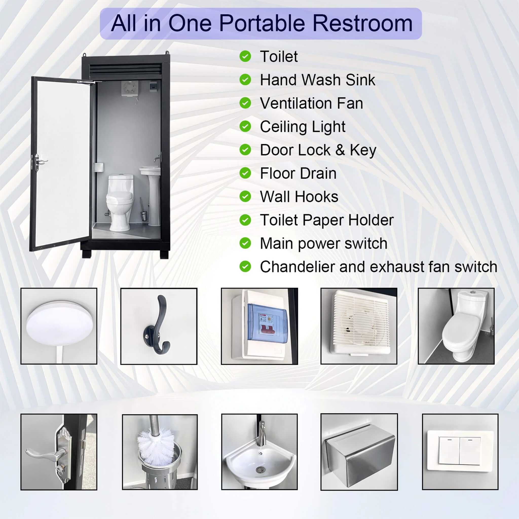 42-Inch One-Person Portable Outdoor Toilet Cabin With Light, Sink And Vent Fan (SAK45672) - Image 4