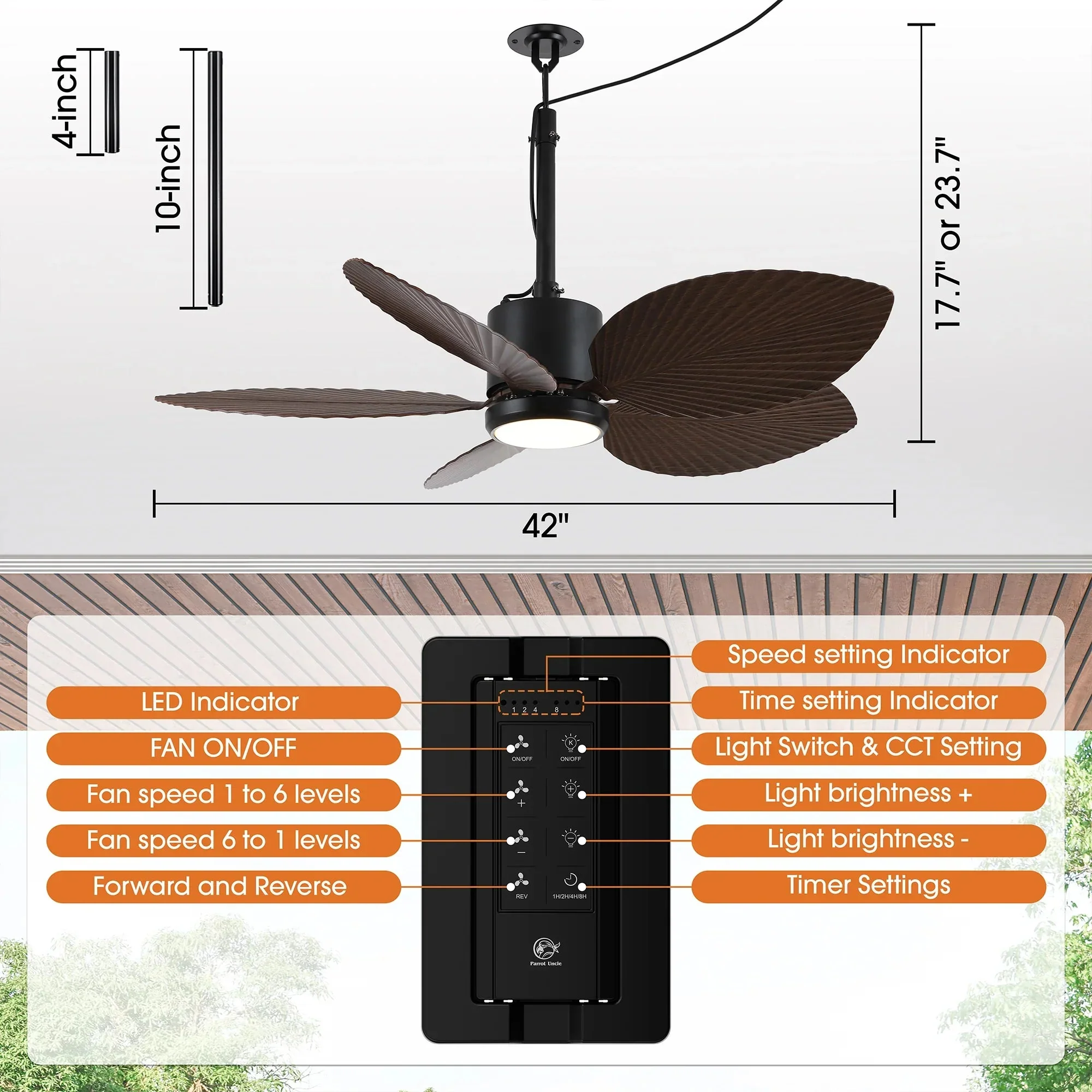 42 Inch Wythe IPX5 Outdoor Hanging Buckle Downrod LED Fan with Remote Control - Image 6