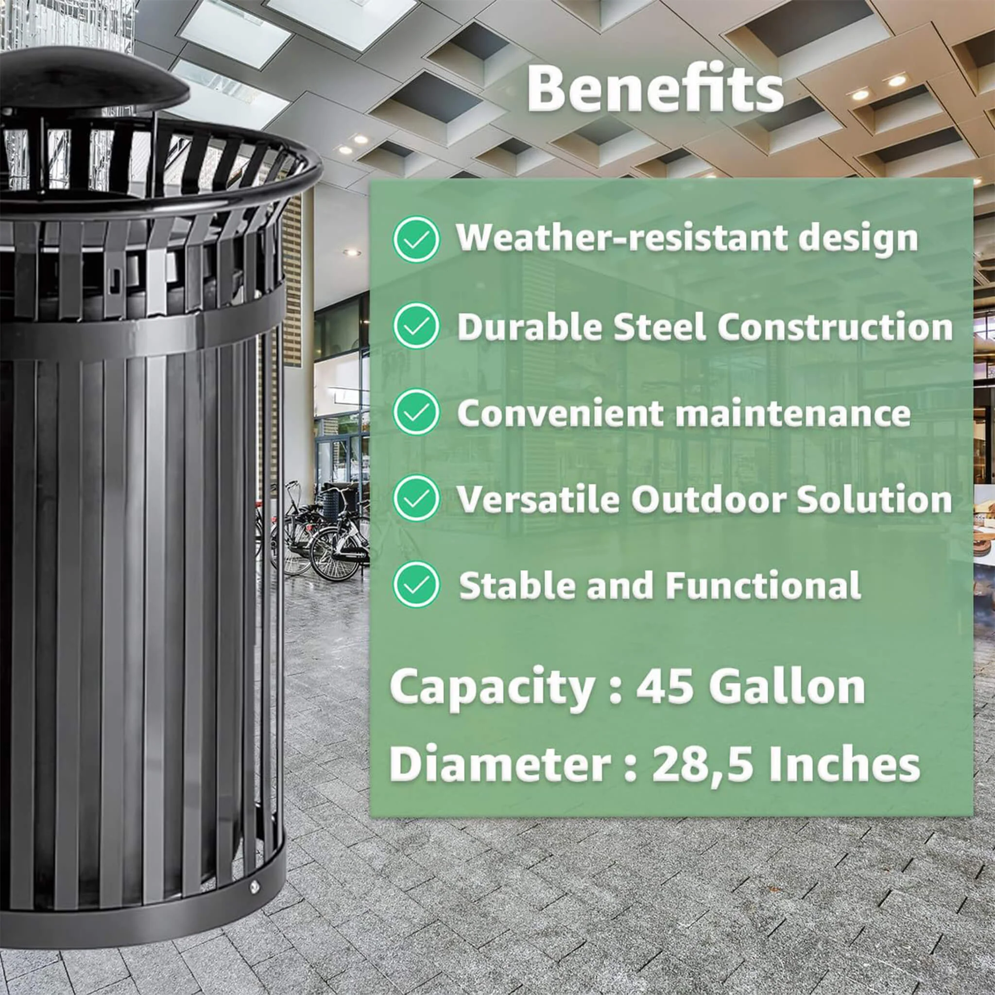 45-Gallon Heavy-Duty Commercial Round Waste Bin With Rain Bonnet Lid (SAK94380) - Image 5