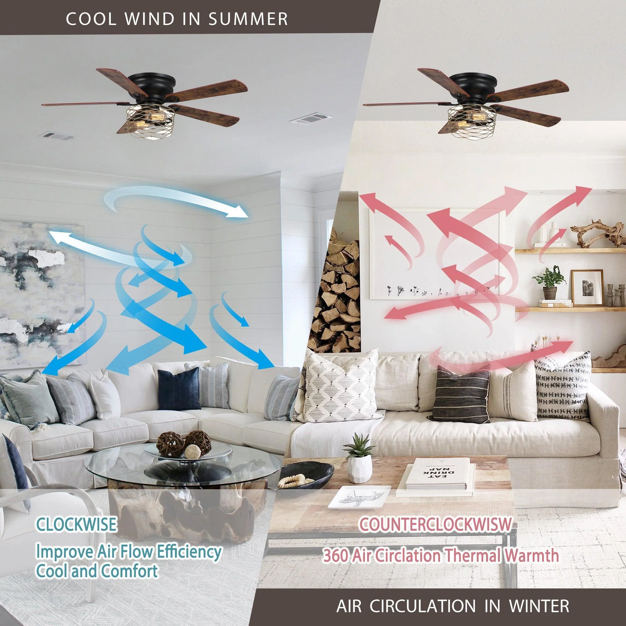 48" Athens Farmhouse Flush Mount Reversible Ceiling Fan with Lighting and Remote Control - Image 10