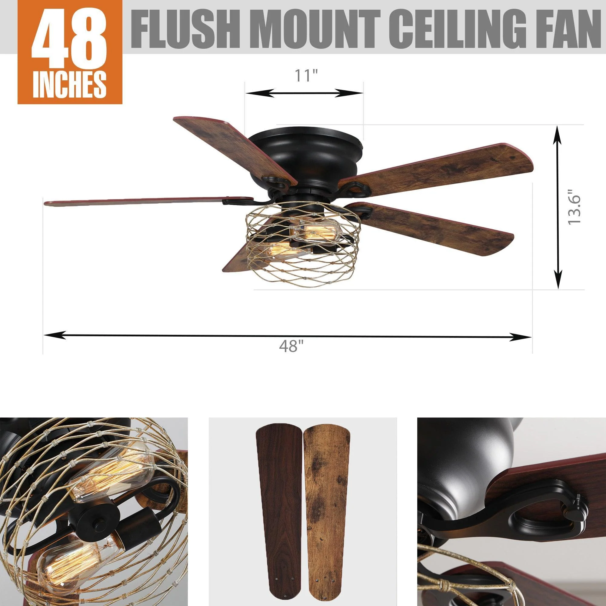 48" Athens Farmhouse Flush Mount Reversible Ceiling Fan with Lighting and Remote Control - Image 11