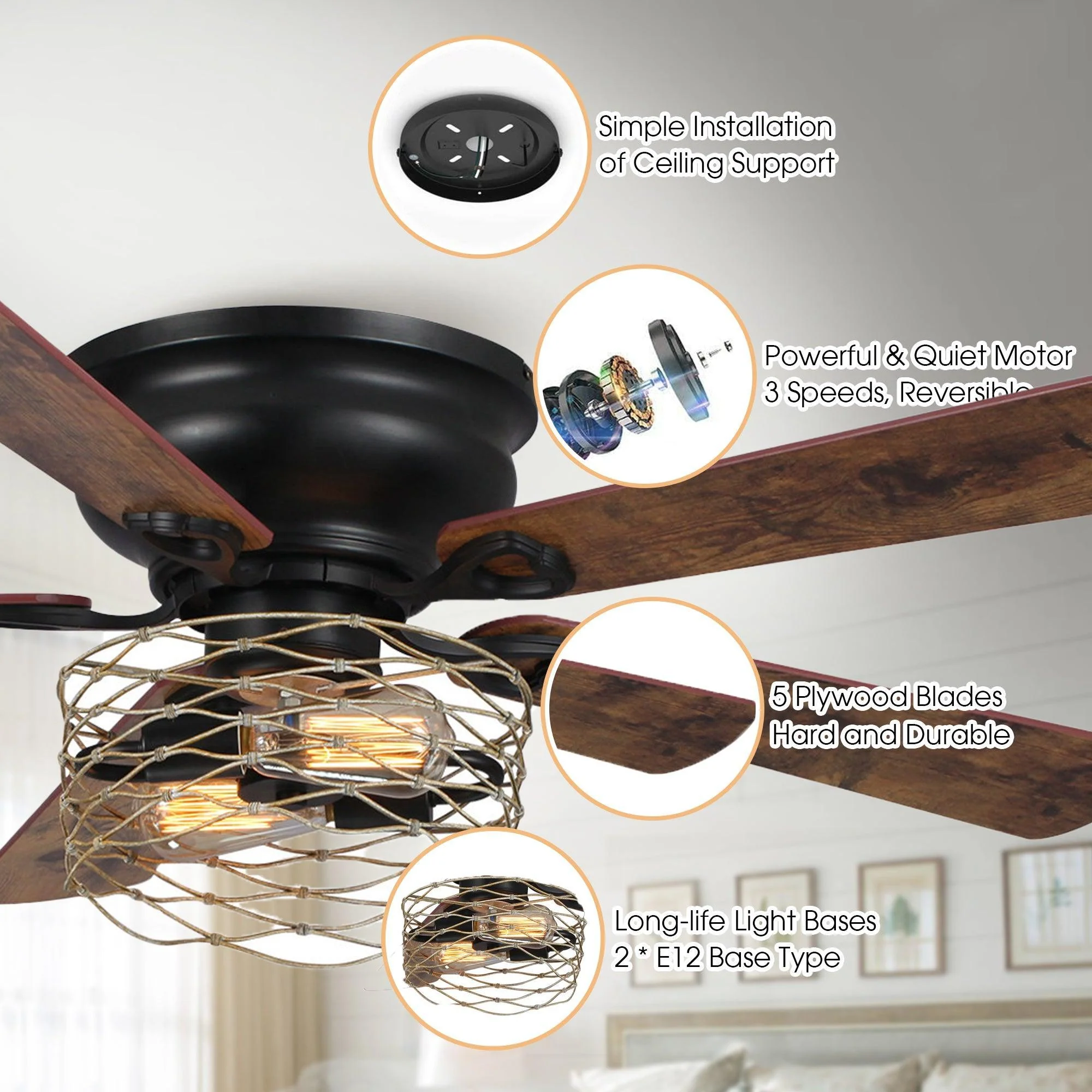 48" Athens Farmhouse Flush Mount Reversible Ceiling Fan with Lighting and Remote Control - Image 7