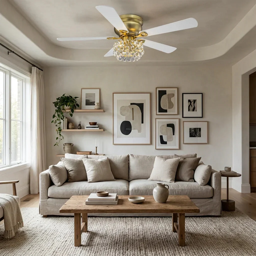 48 Inch Soft Brass Crystal Ornament Flush Mount Ceiling Fan with Light and Remote Control - Image 2