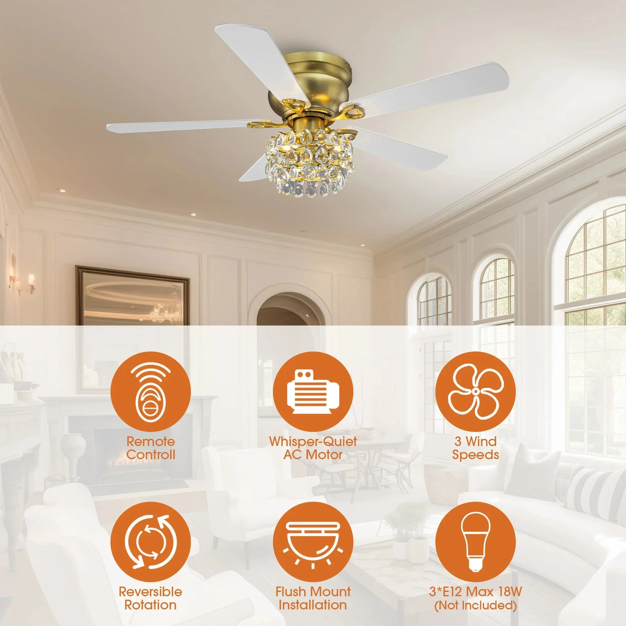 48 Inch Soft Brass Crystal Ornament Flush Mount Ceiling Fan with Light and Remote Control - Image 3