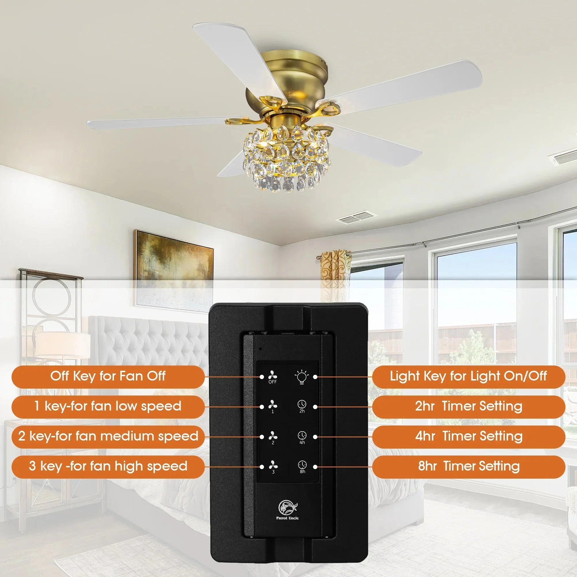 48 Inch Soft Brass Crystal Ornament Flush Mount Ceiling Fan with Light and Remote Control - Image 4