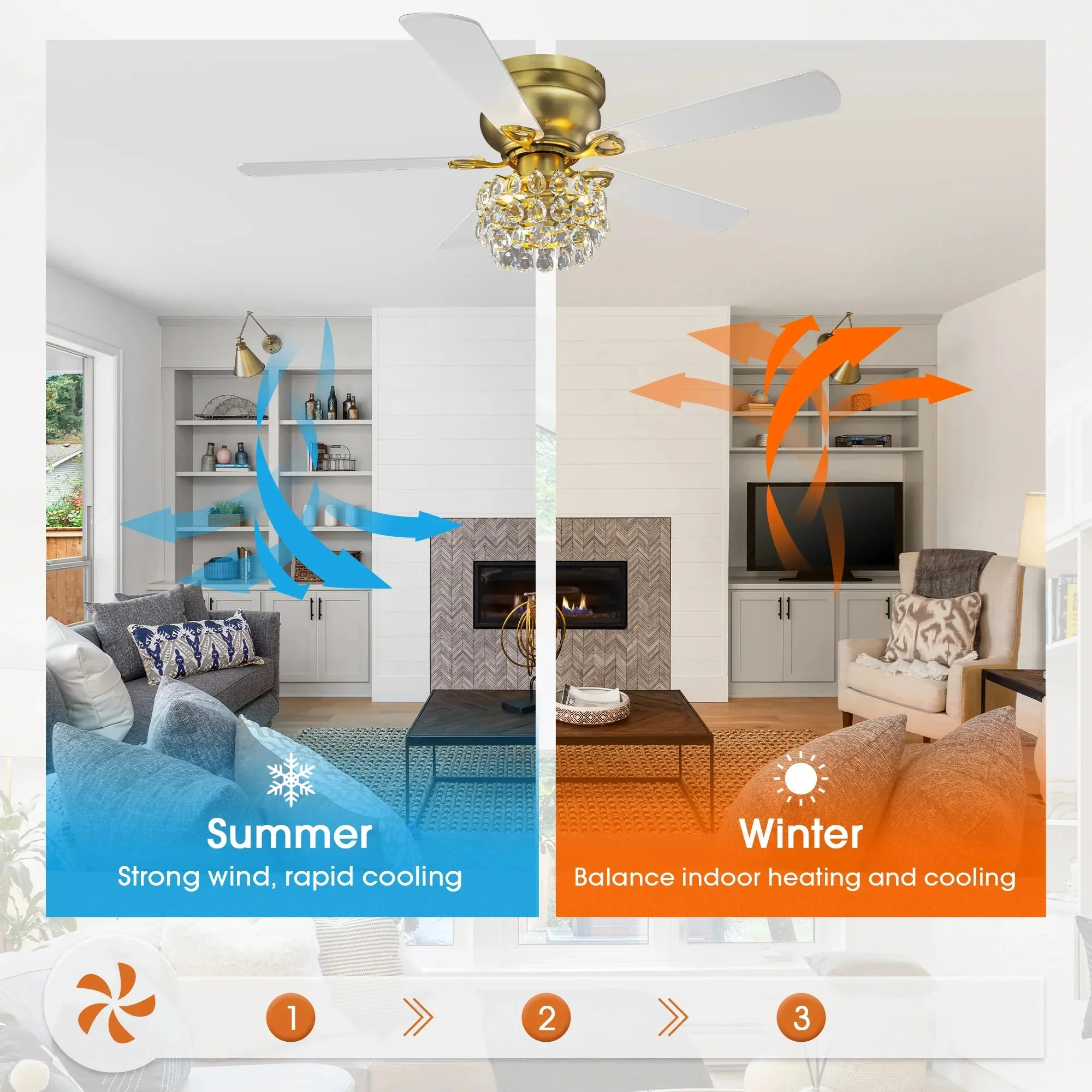 48 Inch Soft Brass Crystal Ornament Flush Mount Ceiling Fan with Light and Remote Control - Image 5