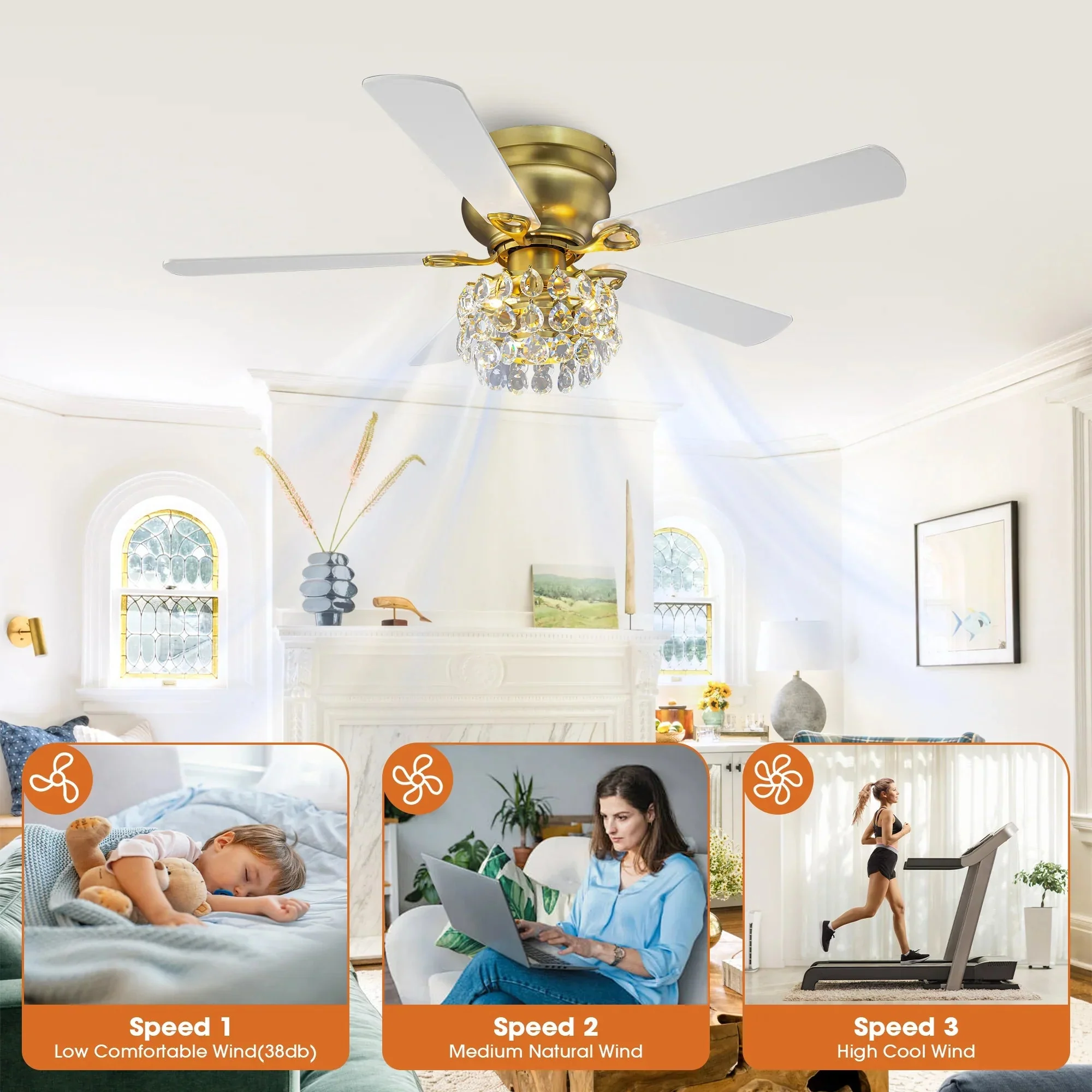 48 Inch Soft Brass Crystal Ornament Flush Mount Ceiling Fan with Light and Remote Control - Image 6