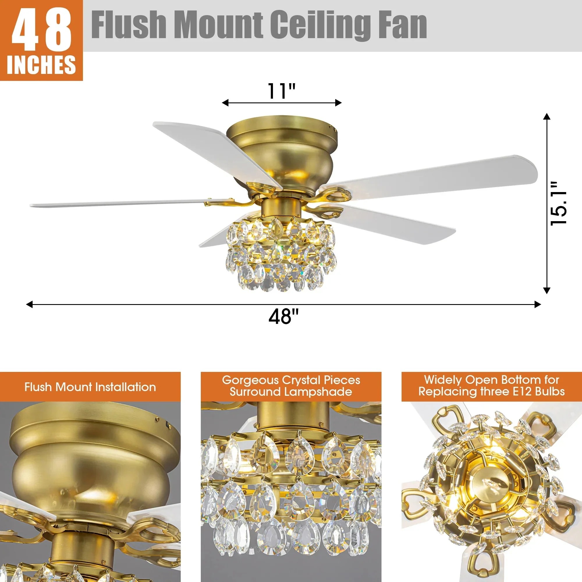48 Inch Soft Brass Crystal Ornament Flush Mount Ceiling Fan with Light and Remote Control - Image 7