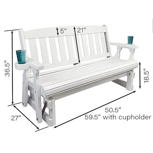 4ft Heavy Duty Amish Porch Glider Bench in White with Cupholders - Made in USA - Image 2
