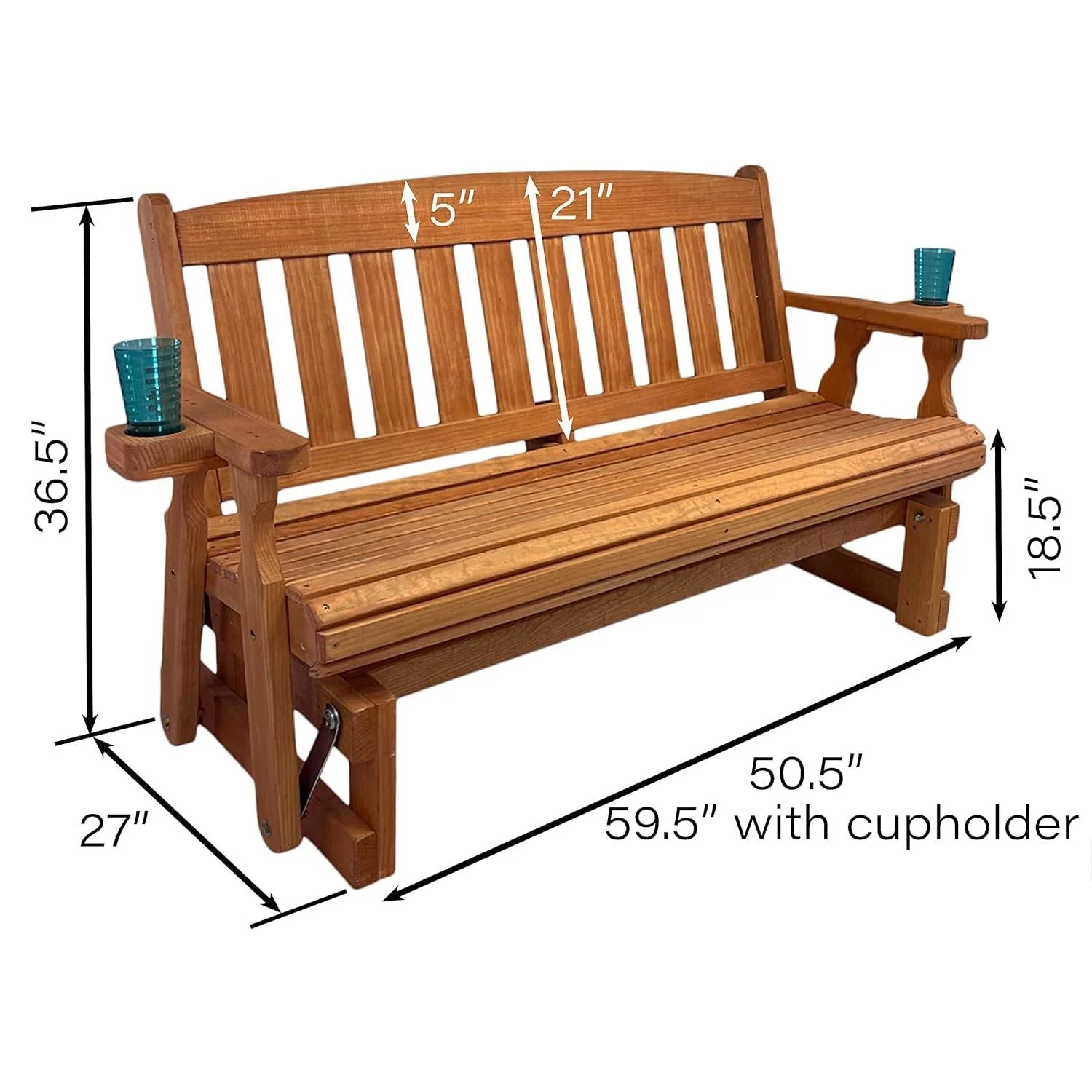 4ft Heavy Duty Porch Glider Bench with Cupholders in Cedar Finish - Made in USA - Image 2