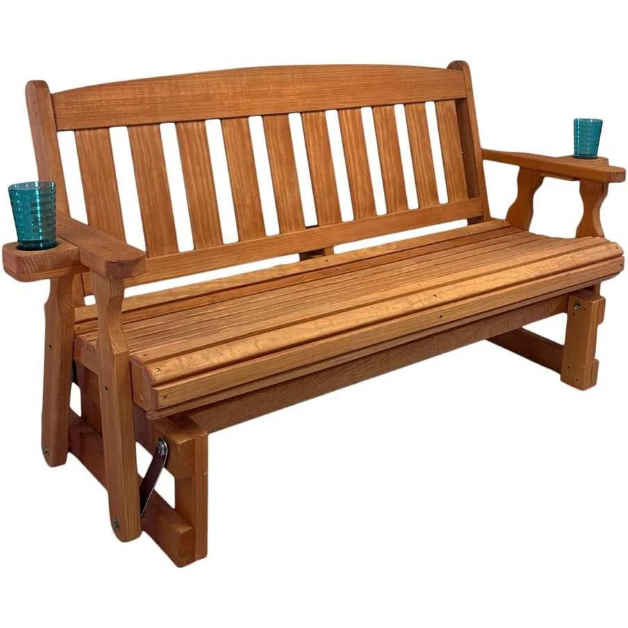 4ft Heavy Duty Porch Glider Bench with Cupholders in Cedar Finish - Made in USA - Image 3