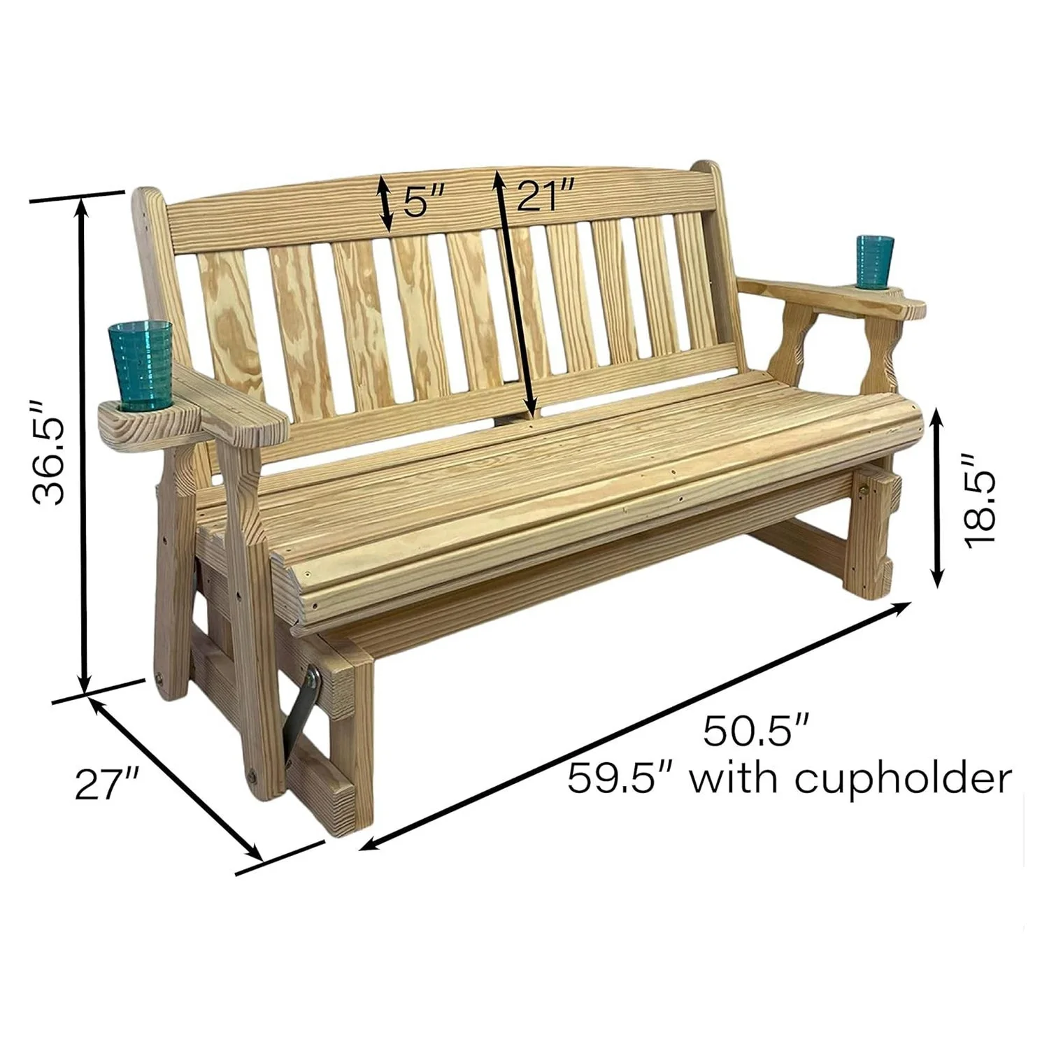 4ft Heavy Duty Unfinished Wood Porch Glider Bench with Cupholders - Made in USA - Image 2