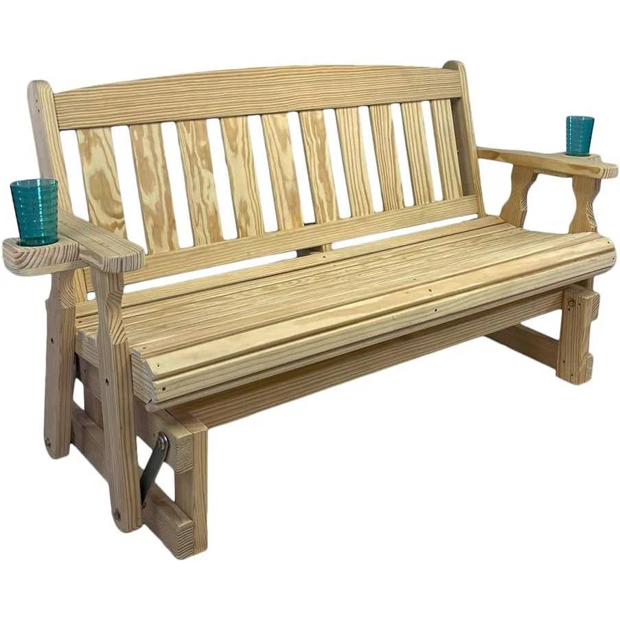 4ft Heavy Duty Unfinished Wood Porch Glider Bench with Cupholders - Made in USA - Image 3