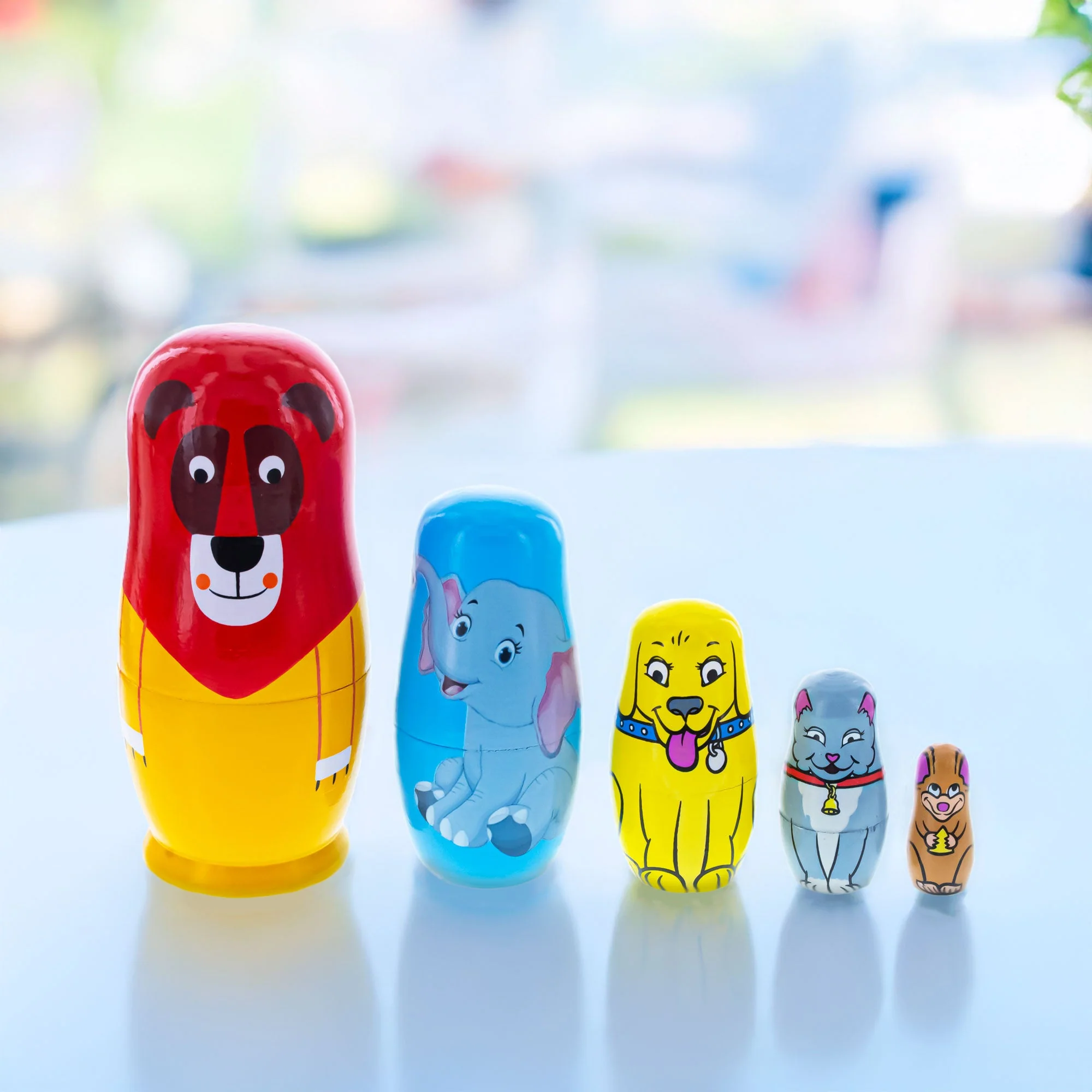 5 Animals Lion, Elephant, Dog & Cat Wooden Nesting Dolls 5.75 Inches - Image 2