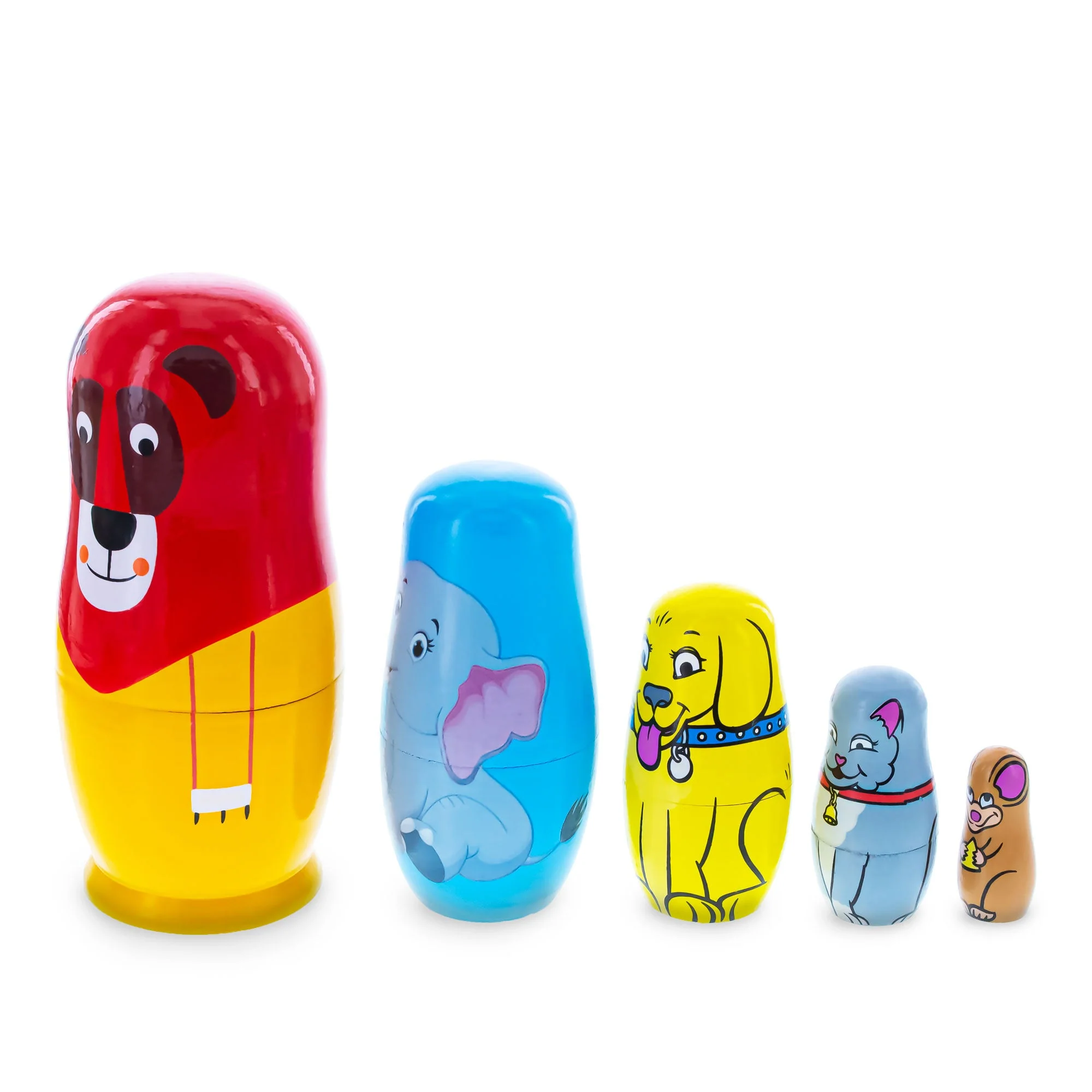 5 Animals Lion, Elephant, Dog & Cat Wooden Nesting Dolls 5.75 Inches - Image 3