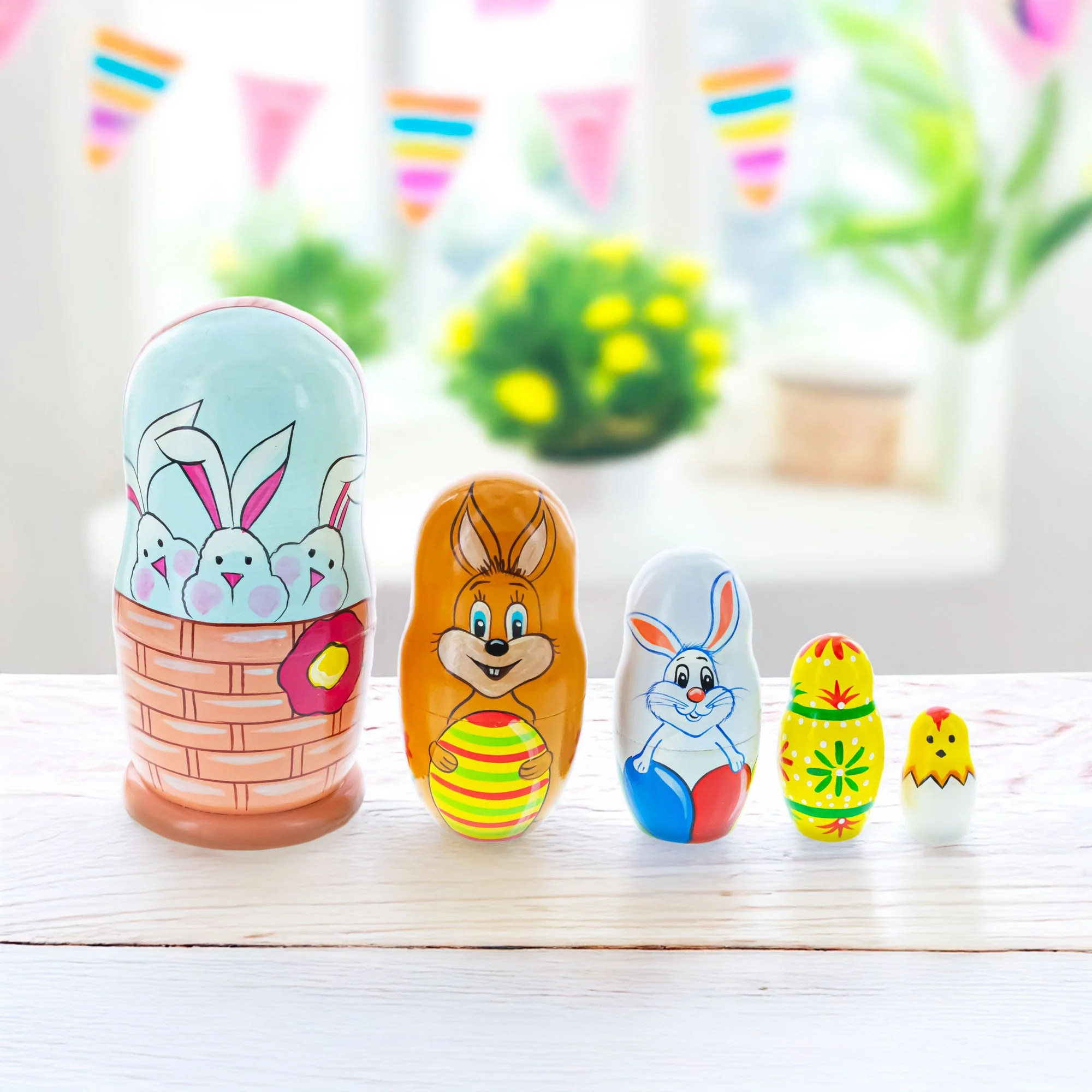 5 Bunnies, Chick with Easter Eggs Wicker Basket Wooden Nesting Dolls 6 Inches - Image 2