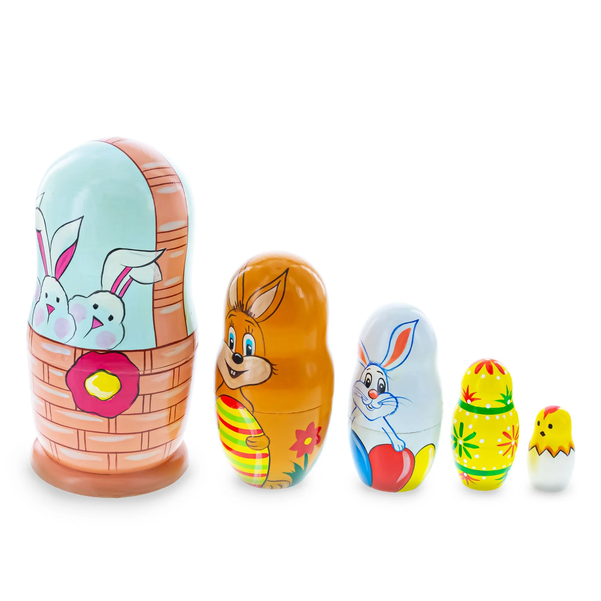 5 Bunnies, Chick with Easter Eggs Wicker Basket Wooden Nesting Dolls 6 Inches - Image 3