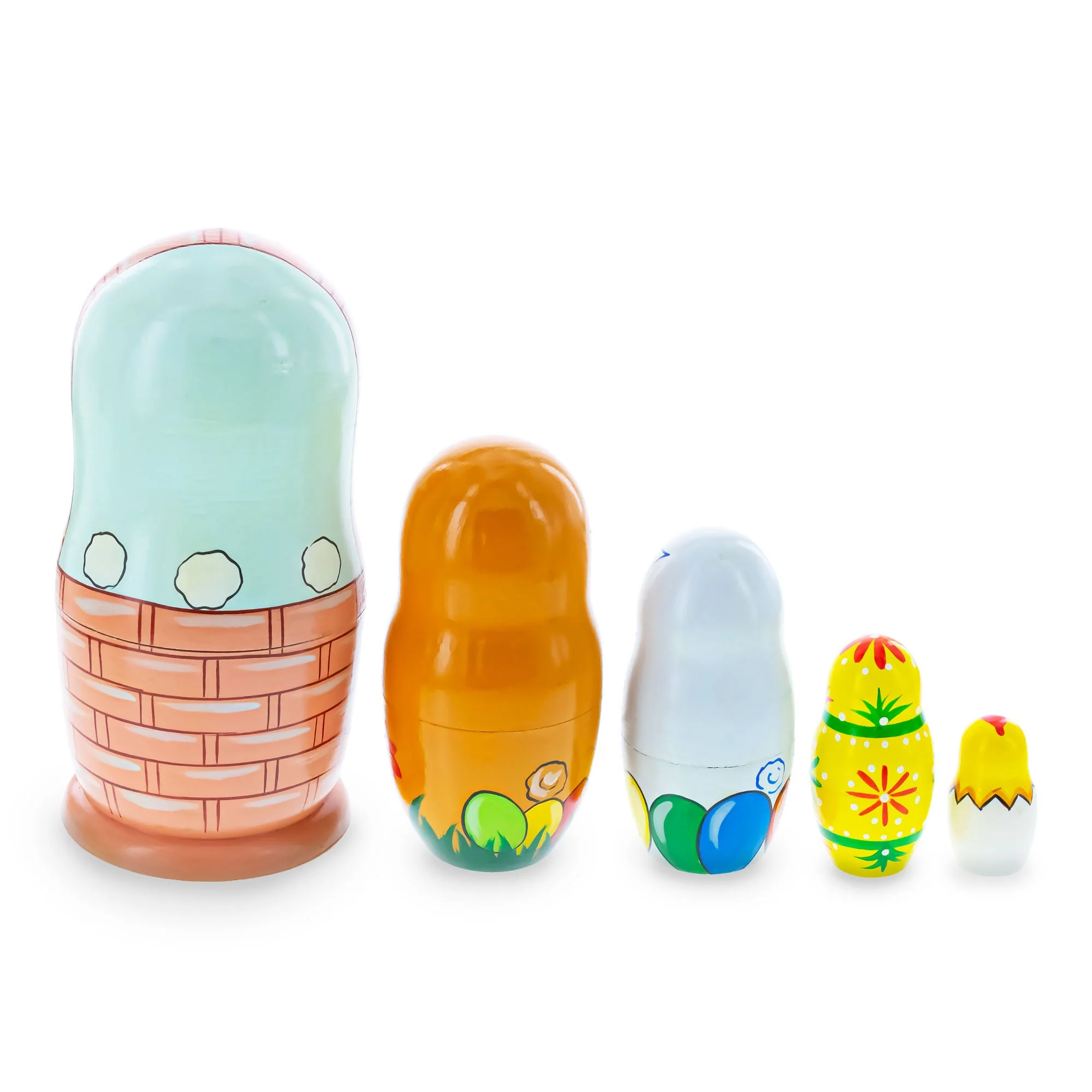 5 Bunnies, Chick with Easter Eggs Wicker Basket Wooden Nesting Dolls 6 Inches - Image 5