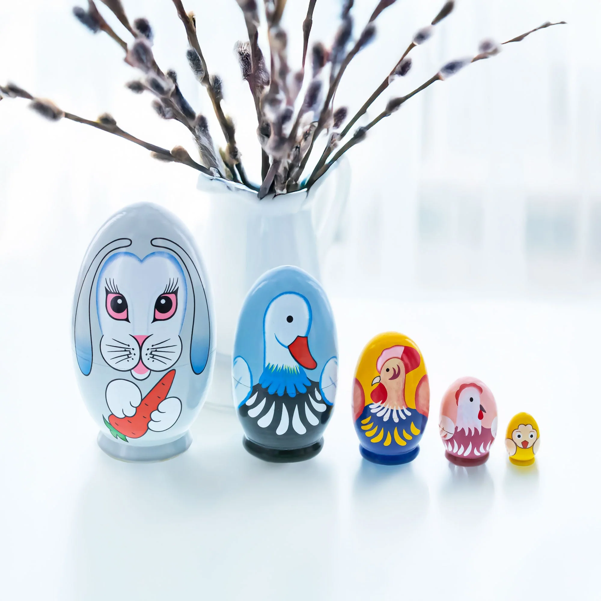 5 Bunny, Duck, Rooster, Hen & Chick Egg Shape Wooden Nesting Dolls 5 Inches - Image 2