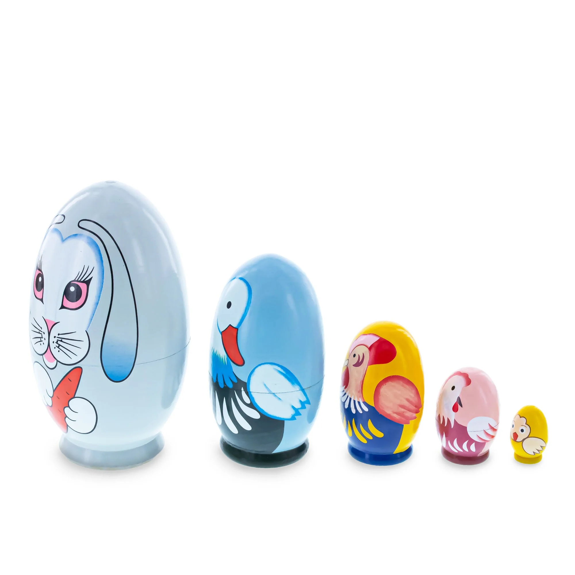 5 Bunny, Duck, Rooster, Hen & Chick Egg Shape Wooden Nesting Dolls 5 Inches - Image 3