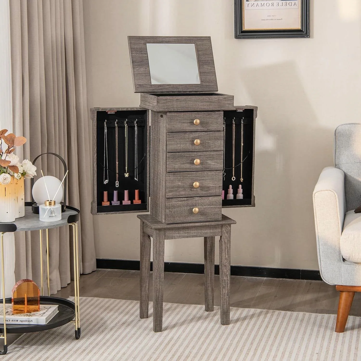 5-Drawer Jewelry Armoire Cabinet with Top Mirror in Grey Wood Finish - Image 2