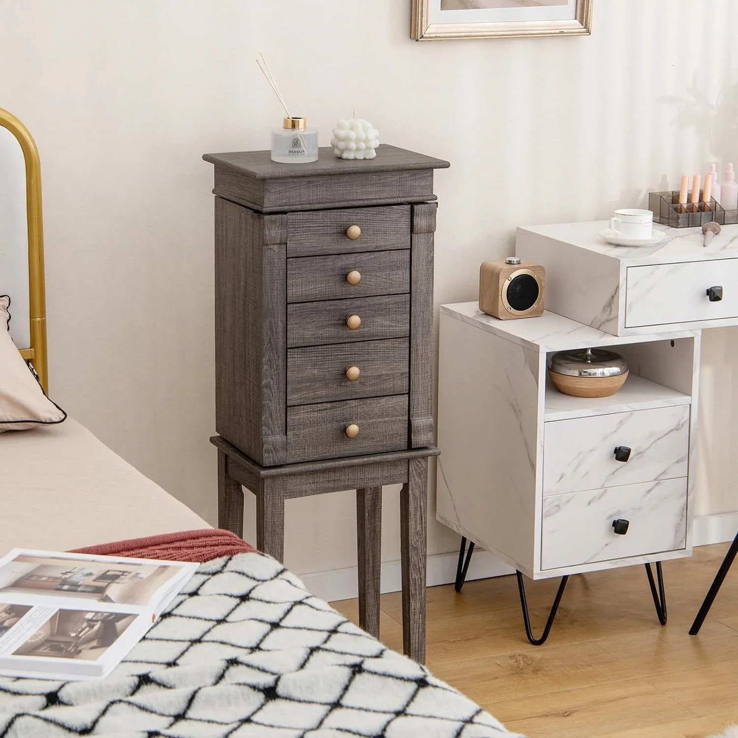 5-Drawer Jewelry Armoire Cabinet with Top Mirror in Grey Wood Finish - Image 3