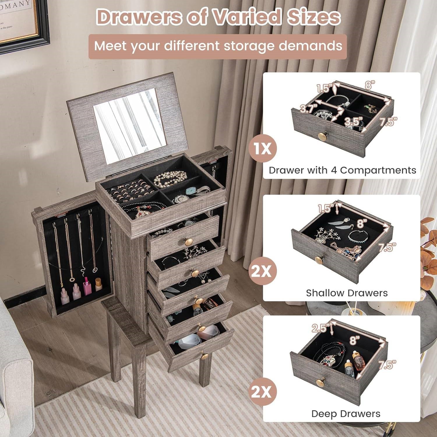 5-Drawer Jewelry Armoire Cabinet with Top Mirror in Grey Wood Finish - Image 4