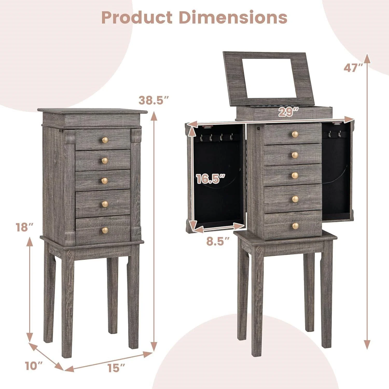 5-Drawer Jewelry Armoire Cabinet with Top Mirror in Grey Wood Finish - Image 5