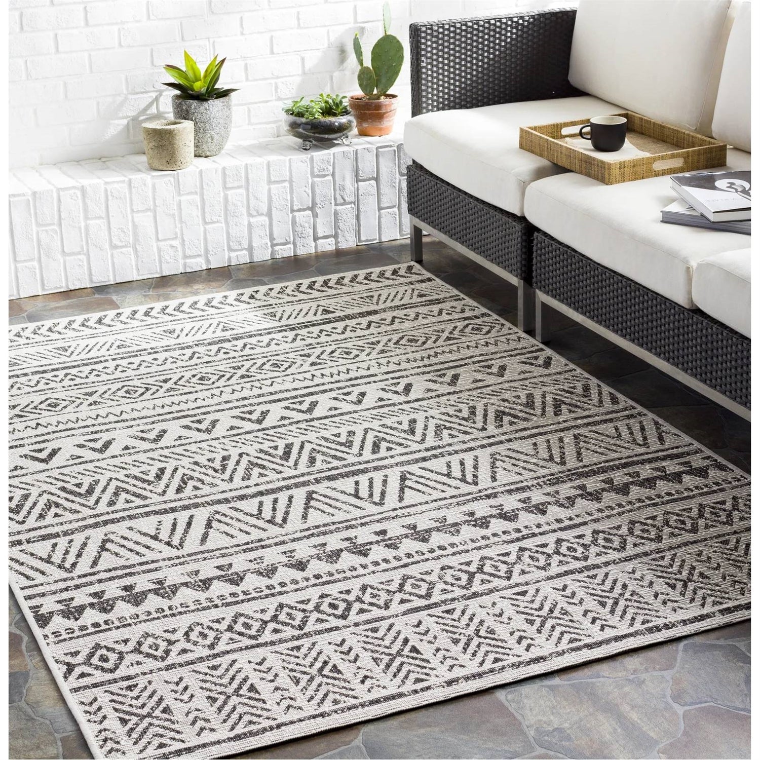 5 ft. x 8 ft. Black Off-White Chevron Coastal Boho Style Indoor Outdoor Area Rug - Image 2