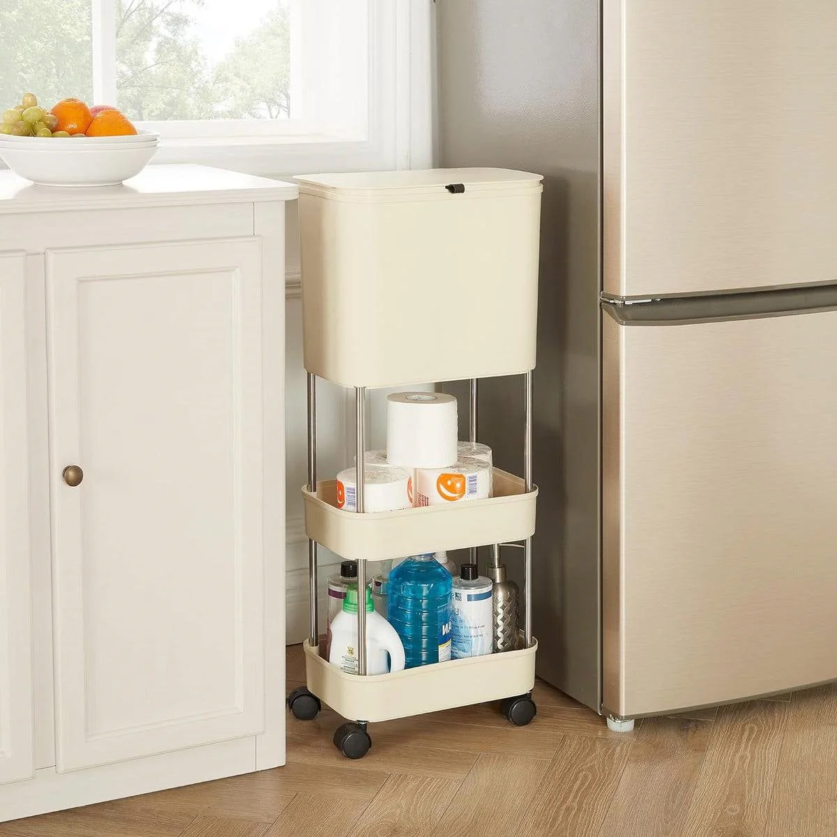 5 Gallon Mobile Elevated Kitchen Trash Can with Lid in Cream with Wheels - Image 3