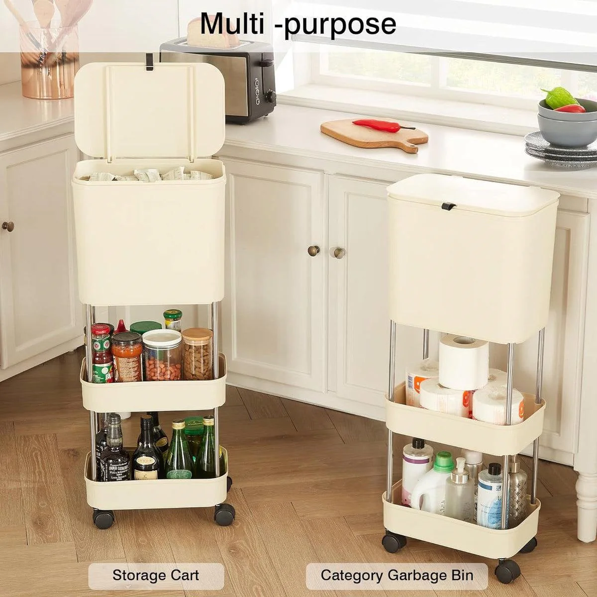 5 Gallon Mobile Elevated Kitchen Trash Can with Lid in Cream with Wheels - Image 4