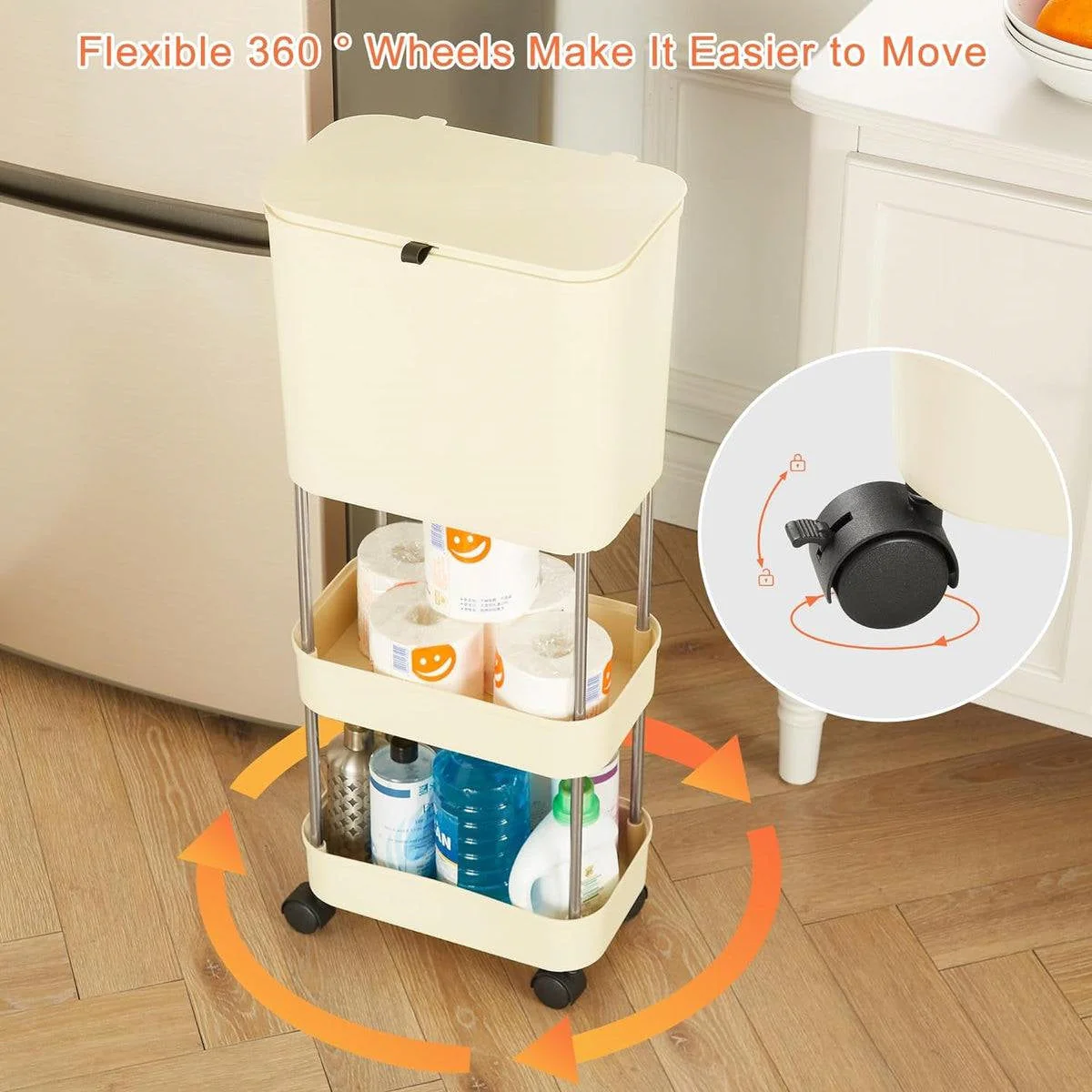 5 Gallon Mobile Elevated Kitchen Trash Can with Lid in Cream with Wheels - Image 5