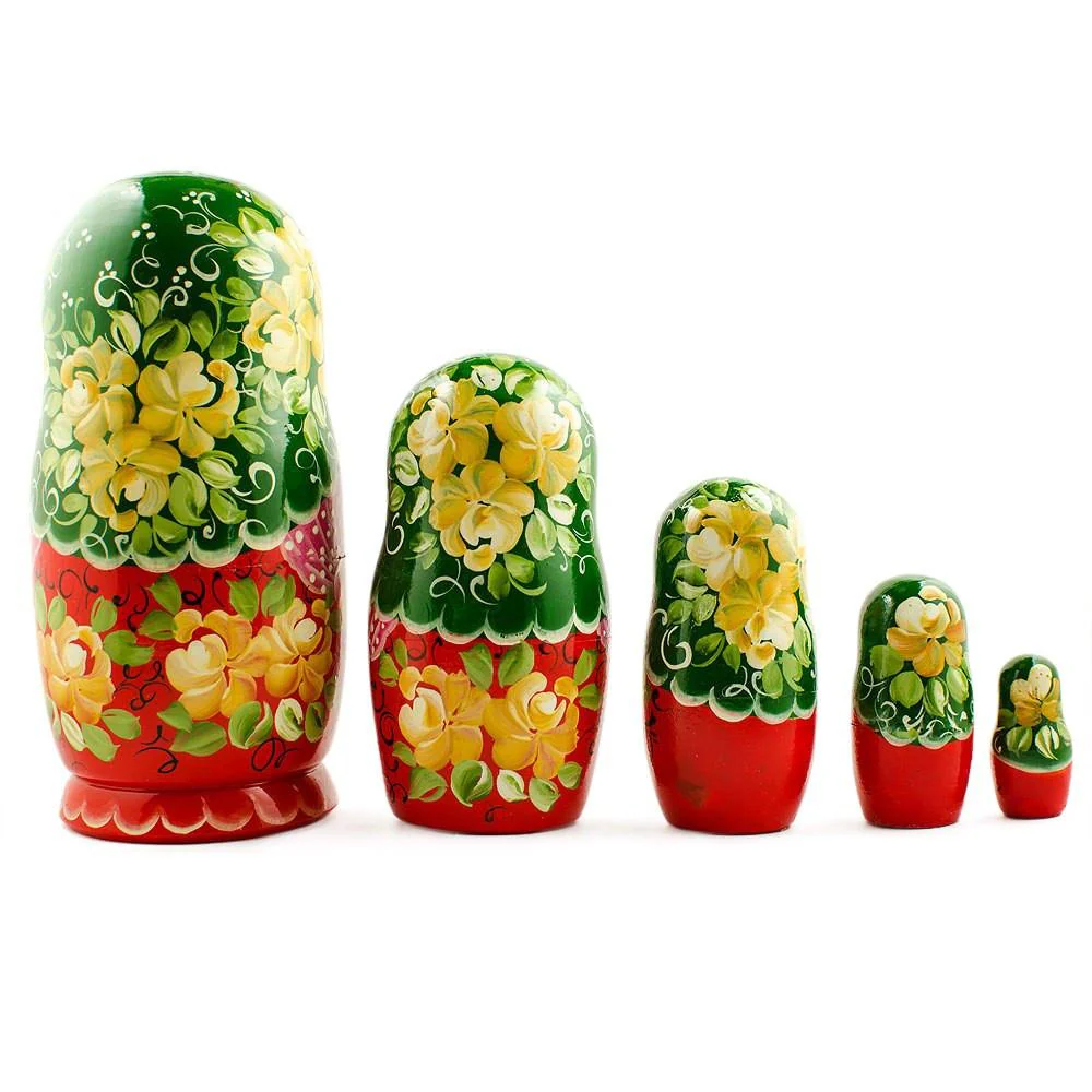 5 Girl with Green Scarf and Red Dress Wooden Nesting Dolls 7 Inches - Image 2